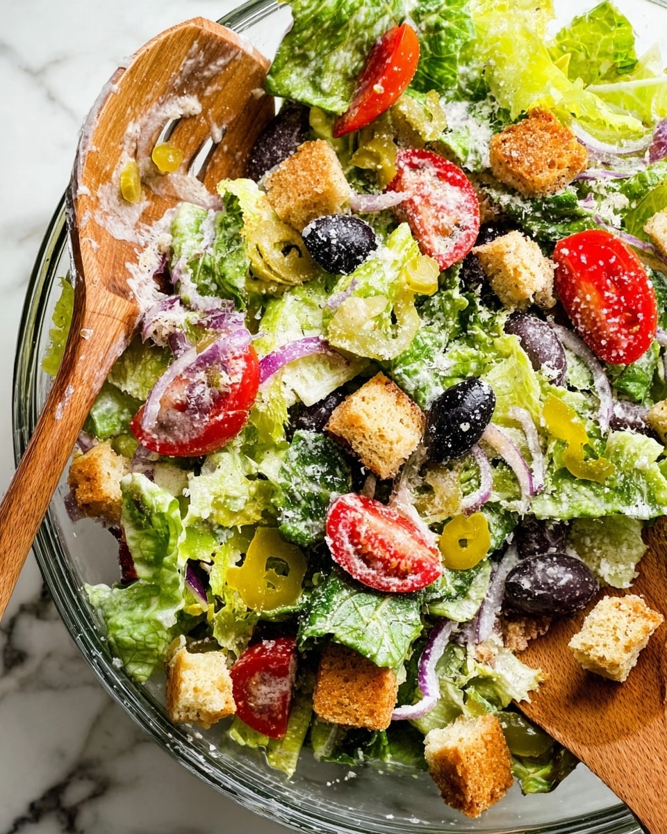 A fresh salad served in a clear glass bowl, layered with bright green leafy lettuce as the base, topped with vibrant red tomato slices, dark purple olives, and crunchy golden-brown croutons scattered across. There are also yellow pepperoncini peppers and thin slices of purple onion mixed in. The salad is sprinkled lightly with white grated cheese and drizzled with creamy dressing. Two wooden salad spoons rest on the edge of the bowl. The bowl is placed on a white marbled surface. Photo taken with an iphone --ar 4:5 --v 7