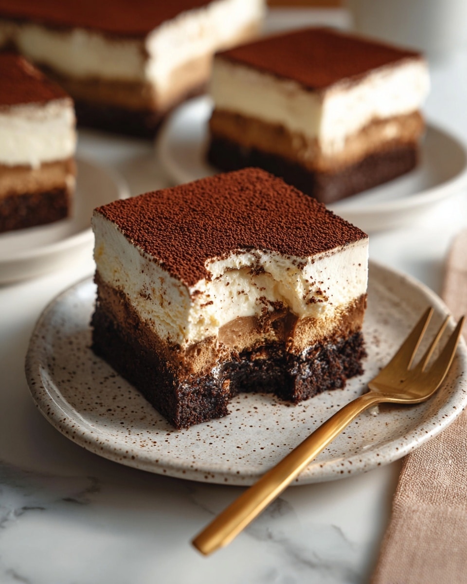 A square slice of layered dessert sits on a white speckled plate, showing three distinct layers: a thick dark brown chocolate base at the bottom, a middle layer of light brown coffee-soaked cake, and a thick creamy white top layer dusted evenly with dark brown cocoa powder. Part of the top creamy layer appears bitten off, revealing the soft texture underneath. In the background, three identical slices are placed slightly out of focus. A shiny gold fork rests on the right side of the plate. The scene is set on a white marbled surface with warm, soft lighting. Photo taken with an iphone --ar 4:5 --v 7