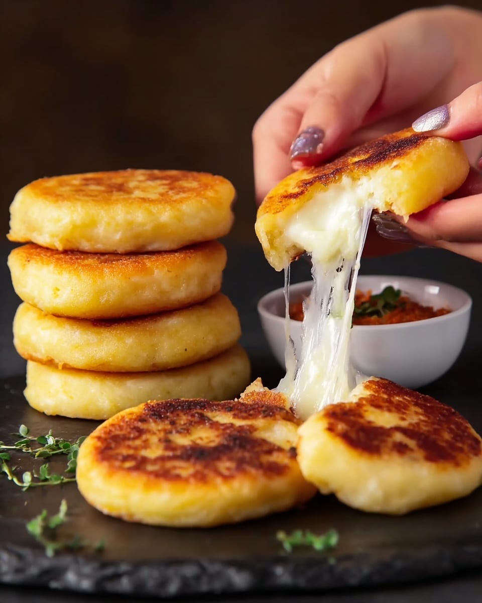 The image shows a stack of four golden brown cheese-filled pancakes on a dark plate, placed on a white marbled surface. The pancakes are thick and fluffy with a soft texture. The top pancake is broken open by a woman's hand, pulling it apart to reveal white, stretchy melted cheese inside, which is pulling out in long, thin strands. The cheese looks smooth and creamy, contrasting with the slightly crispy, browned outer layer of the pancakes. photo taken with an iphone --ar 4:5 --v 7