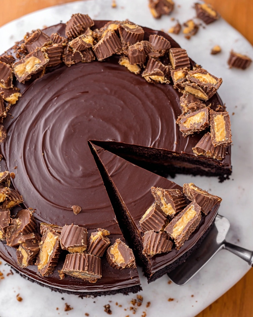 A rich chocolate cake with one triangular slice cut and slightly lifted on a spatula. The cake has a thick, smooth, shiny dark chocolate ganache covering the top and sides. Around the edge of the top layer, there is a ring of broken pieces of peanut butter cups with visible peanut butter filling and chocolate coating. The cake is on a white plate, placed on a white marbled surface, and some crumbs are scattered beside the cake. Photo taken with an iphone --ar 4:5 --v 7