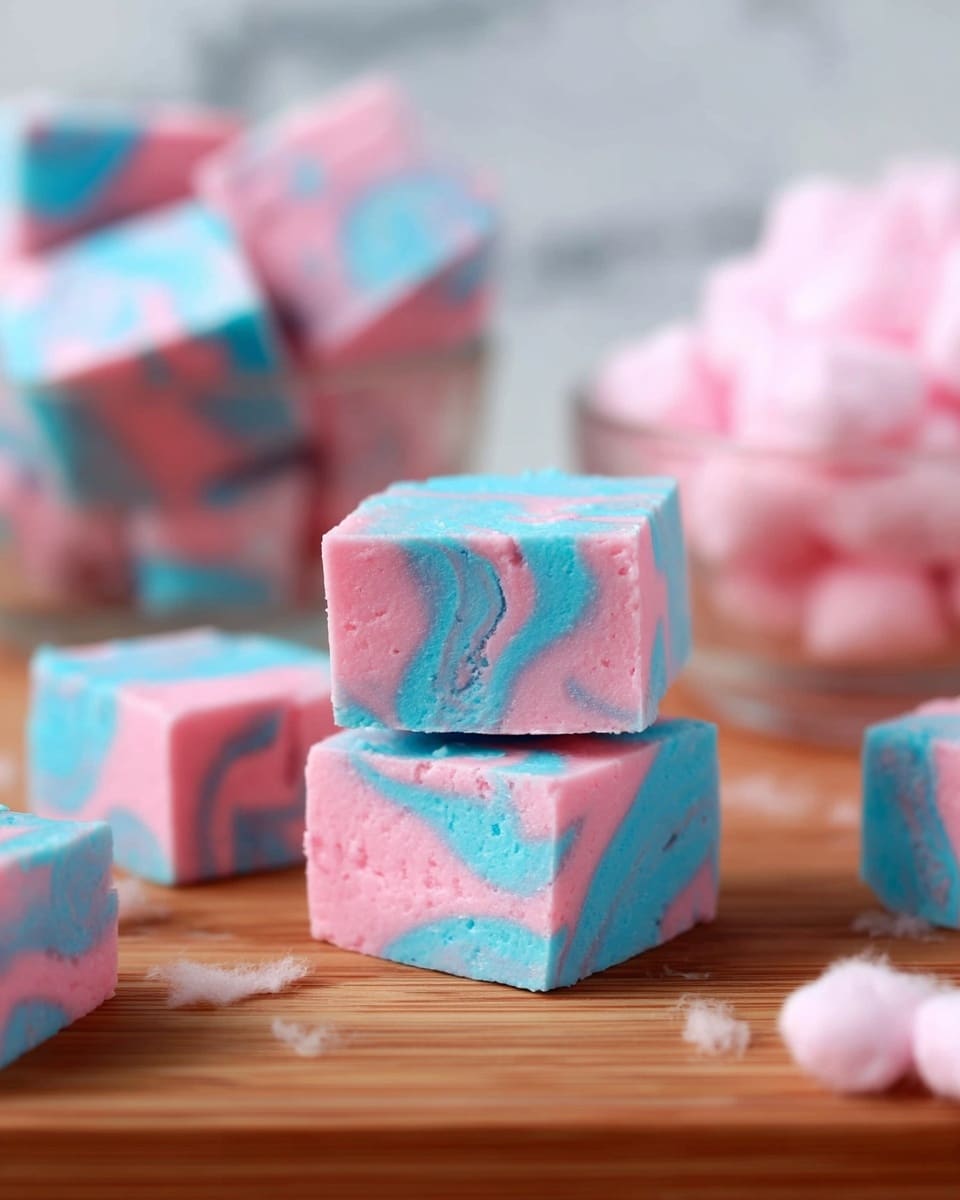 The image shows several small square pieces of soft fudge with a swirl pattern of light pink and light blue colors mixed throughout each piece. Two pieces are stacked on top of each other in the center on a wooden surface, both showing the swirling pattern clearly across their smooth texture. More pieces of the same fudge are scattered around the wooden surface, with a white marbled texture in the background. A glass bowl filled with more fudge pieces, all pink and blue swirled, is blurry in the back. Some small bits of pink cotton candy or fluff are placed nearby. Photo taken with an iphone --ar 4:5 --v 7