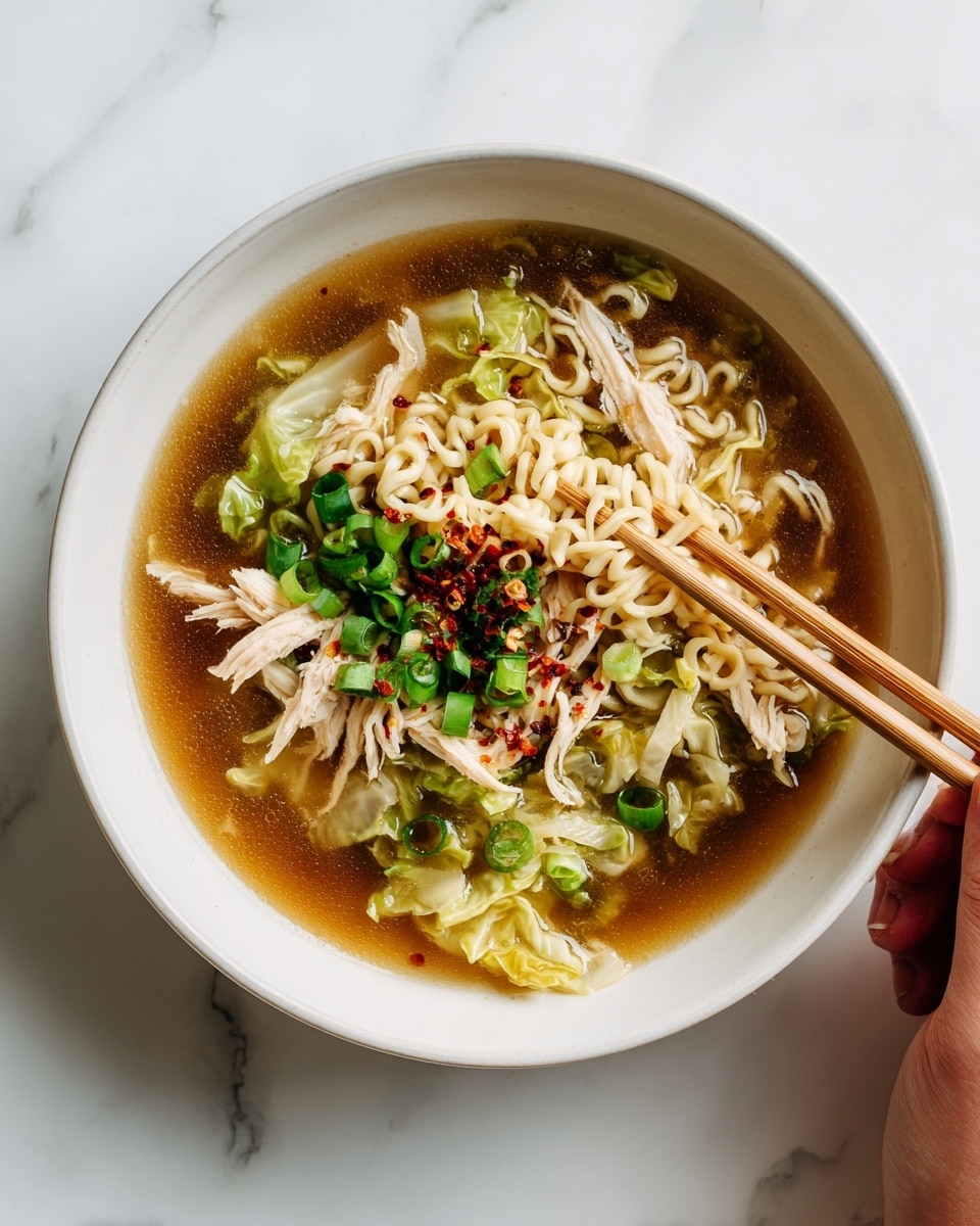 A white bowl filled with a clear brown broth holding thick, light yellow noodles as the main middle layer. Pieces of light brown chicken and pale yellow-green cabbage float evenly through the soup, topped with bright green chopped scallions and small red chili flakes scattered on top, adding a vibrant touch. A woman's hand is using light wooden chopsticks to lift some noodles from the bowl, slightly swirling them at the center. The bowl sits on a white marbled surface, emphasizing the warm and fresh look of the soup. photo taken with an iphone --ar 4:5 --v 7