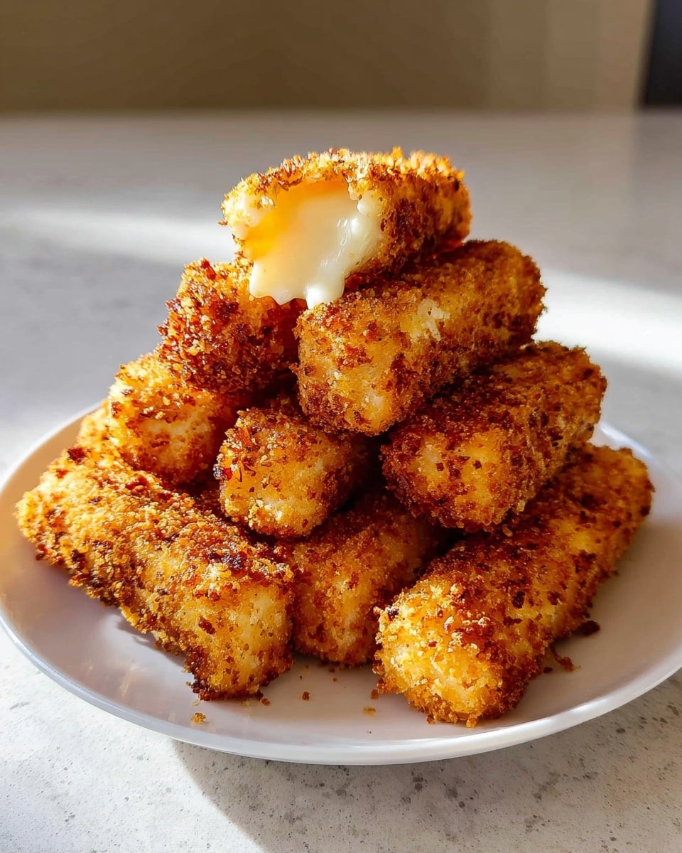 A stack of nine golden brown mozzarella sticks with a crispy, crunchy coating are arranged on a white plate. The sticks are piled in a pyramid shape, with one mozzarella stick placed on top showing melted, gooey white cheese oozing from a broken end. The texture of the coating is coarse and uneven, highlighting the fried crispiness. The plate is set on a white marbled surface with soft lighting casting natural shadows around the stack. photo taken with an iphone --ar 4:5 --v 7