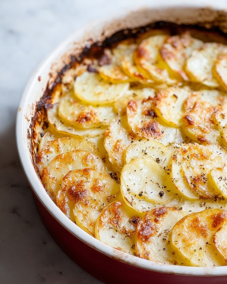 The dish shows a round white ceramic baking dish filled with thinly sliced potato layers arranged in a slightly overlapping pattern. The potatoes are light golden with crisp edges and some browned spots, suggesting they are baked with a crispy top layer. There is seasoning visible as small black specks on the potatoes. The inside edges of the dish have browned, caramelized bits, and the dish rests on a white marbled surface. photo taken with an iphone --ar 4:5 --v 7