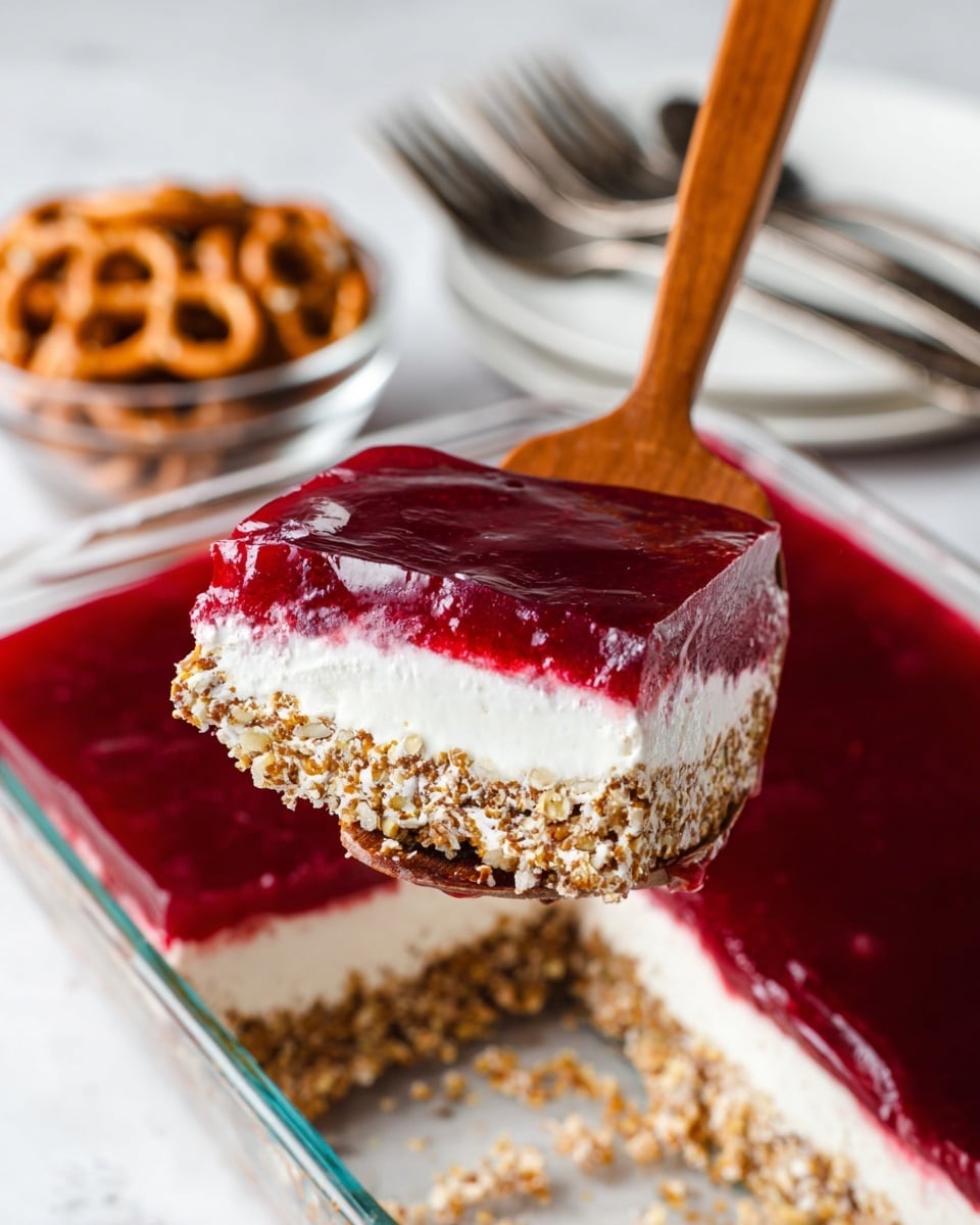 A close-up of a three-layer dessert slice held by a wooden spatula over a clear glass baking dish filled with the same dessert. The bottom layer is a crumbly, textured light brown base with visible bits of nuts or crushed pretzels. The middle layer is thick, smooth, and white, looking creamy and soft. The top layer is a shiny deep red jelly-like substance, thick and glossy, covering the entire dessert. In the background, several silver forks rest on a white plate, and a small glass bowl filled with pretzels sits on a white marbled surface. Photo taken with an iphone --ar 4:5 --v 7