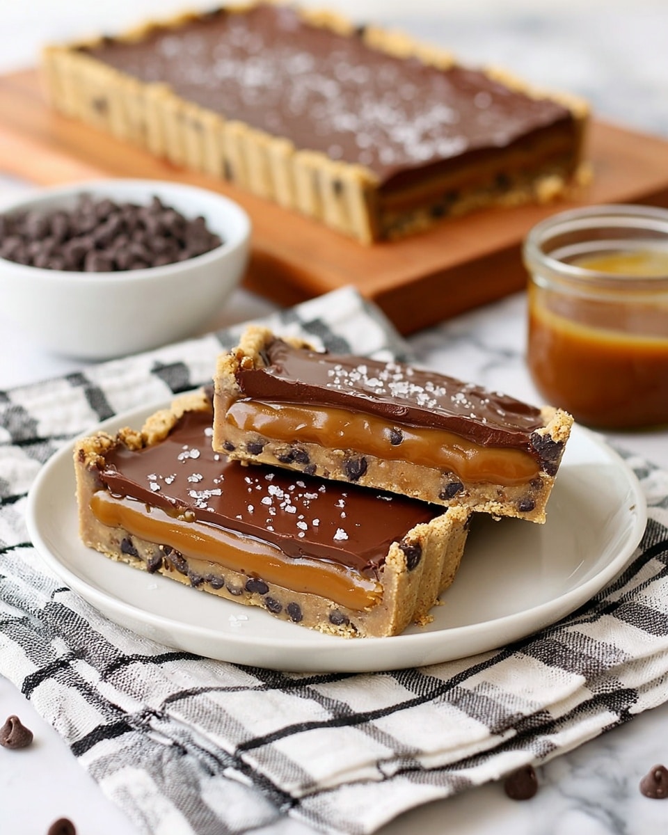 Two rectangular slices of dessert sit on a white plate, placed on a white marbled surface with a black and white checkered cloth underneath. Each slice has three distinct layers: a thick, light brown cookie dough base dotted with small chocolate chips, a gooey caramel middle layer that slightly oozes out at the edges, and a smooth, shiny dark chocolate top layer sprinkled lightly with coarse salt. In the background, a larger rectangular tart with the same three layers rests on a wooden board beside a small white bowl filled with chocolate chips and a glass container of caramel sauce. Photo taken with an iphone --ar 4:5 --v 7