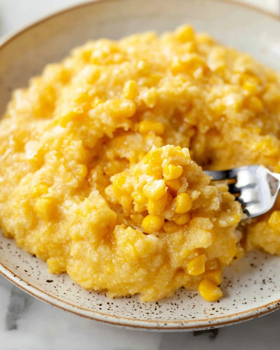 A close-up image shows a creamy mixture of soft yellow corn kernels and smooth, pale yellow grits combined into a single thick layer. The texture looks moist and slightly chunky, with some kernels standing out vividly against the softer base. The dish rests on a white plate with subtle gray speckles around the edge, set against a white marbled surface. A fork with a silver head and black handle is partially digging into the dish from the upper right side, lifting a small portion of the mixture. The lighting highlights the moist, buttery shine on the food, making it look fresh and warm. Photo taken with an iphone --ar 4:5 --v 7