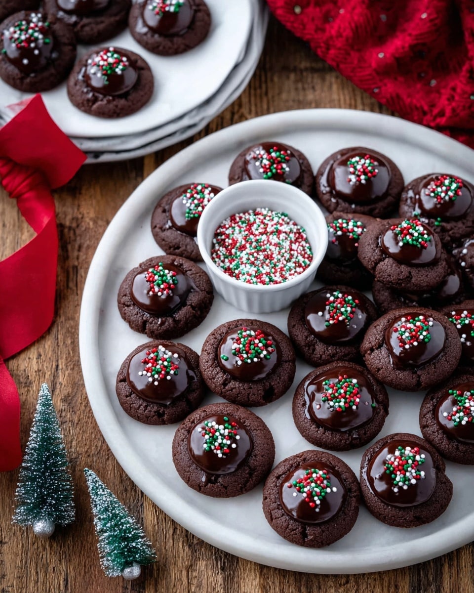The image shows a white round wooden board filled with dark chocolate thumbprint cookies arranged close together. Each cookie has a smooth, shiny, dark chocolate center topped with small red, white, and green round sprinkles. In the middle near the top edge of the board, there is a small white bowl filled with more red, white, and green sprinkles. To the top left, there is a white plate with more cookies. The board and plate rest on a wooden surface, decorated with a red ribbon on the left and two small sparkling green trees with red ornaments on the right. Photo taken with an iphone --ar 4:5 --v 7