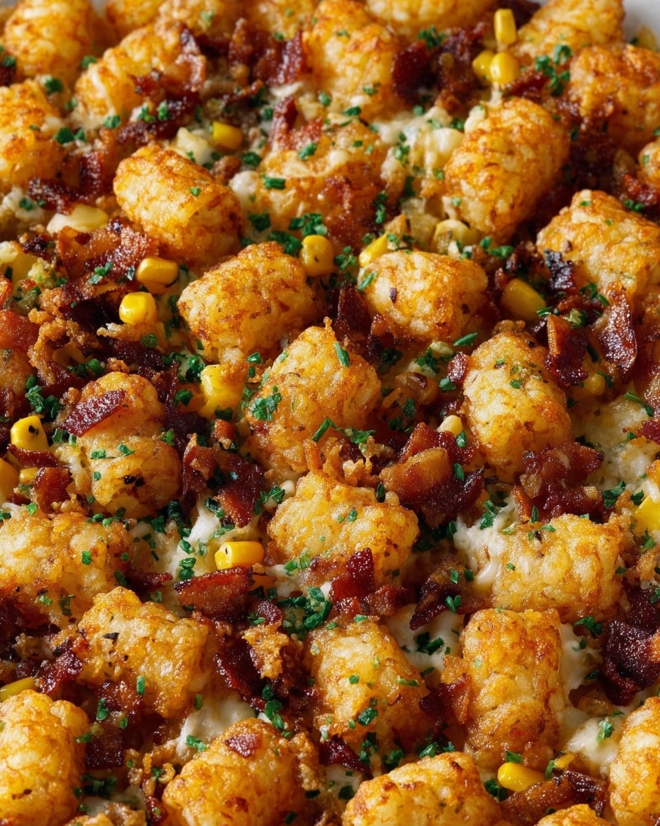 The image shows a close-up of a dish with a thick layer of small, round, golden-brown tater tots spread evenly across the whole surface. Scattered on top are small pieces of crispy, dark brown bacon bits and bits of yellow corn kernels. There are fine green herb sprinkles spread evenly, adding a touch of color. Beneath the tater tots, there is a melted, creamy white cheese layer visible in some spots, creating a gooey texture between the crispy tots. The whole dish has a warm, crispy, and creamy look on a white marbled surface. photo taken with an iphone --ar 4:5 --v 7