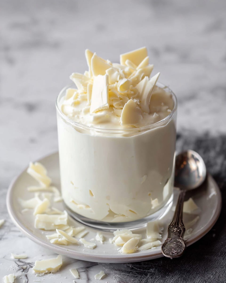 A clear glass filled with a thick white creamy dessert, topped with curls and shards of white chocolate arranged vertically and scattered on top. The glass sits on a white plate, with some white chocolate curls spilled around it and a vintage silver spoon lying on the plate. The background is a white marbled texture, adding a clean and light feel to the image. photo taken with an iphone --ar 4:5 --v 7