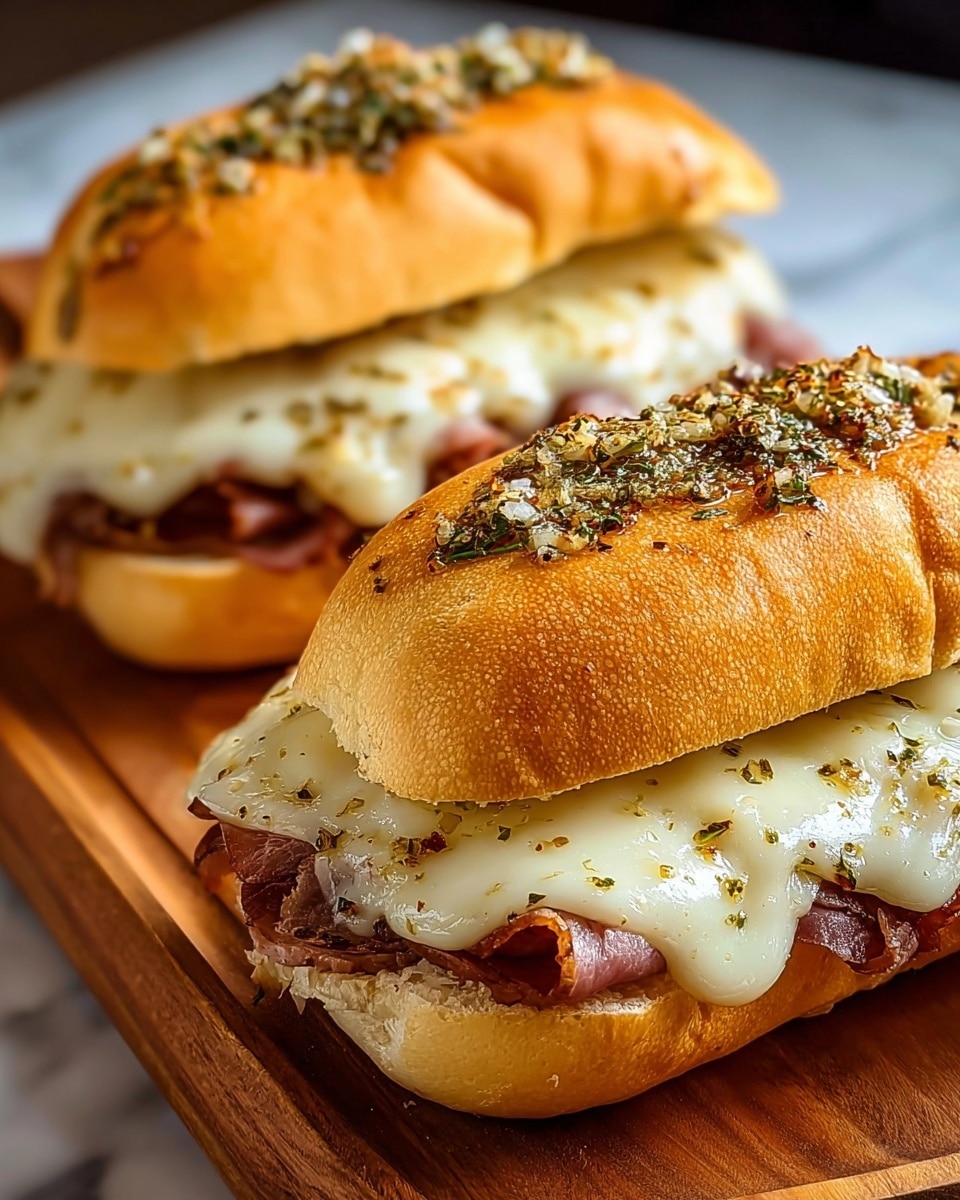 Two sandwiches sit side by side on a wooden board, each made with a soft golden-brown bun topped with a layer of chopped garlic and herbs. Inside, the sandwiches have a bottom layer of thinly sliced, browned meat, covered by a thick, melted layer of white cheese that drapes over the sides, creating a smooth, creamy texture. The buns look soft and fresh, with a light shine on their surface, and the melted cheese has a slightly toasted appearance with spots of darker browning. The sandwiches are placed on a clean white marbled background. photo taken with an iphone --ar 4:5 --v 7