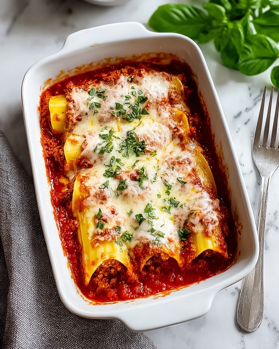 A white rectangular baking dish holds four rolled pasta tubes filled with a textured meat mixture, covered generously in bright red tomato sauce and topped with melted white cheese that is golden in some spots. The cheese layer is sprinkled with small green herb pieces. The pasta is placed close together in one layer with sauce visible on the sides and bottom edges of the dish. The scene is set on a white marbled surface, with a silver fork to the right and a gray cloth to the left, along with fresh green basil leaves in the background. Photo taken with an iphone --ar 4:5 --v 7
