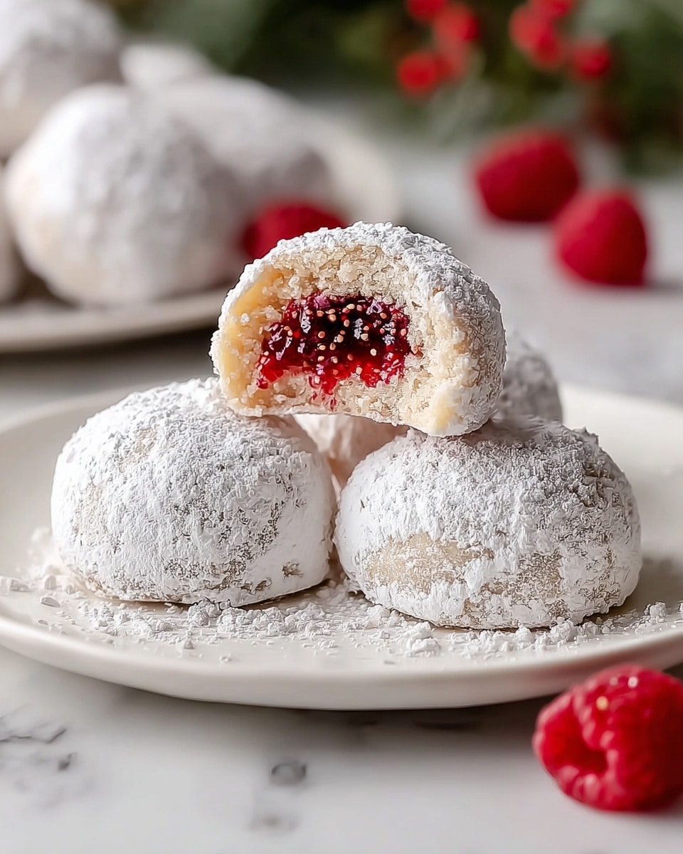 The image shows three round, snowy white powder-covered cookies arranged on a white plate on a white marbled surface. One cookie is cut in half and placed on top of another, revealing a bright red, jelly-like filling inside with small seeds visible, surrounded by a light, crumbly outer layer dusted heavily with powdered sugar. The background is softly blurred but shows more of these white powdered cookies and fresh red raspberries, giving a fresh and festive look. photo taken with an iphone --ar 4:5 --v 7