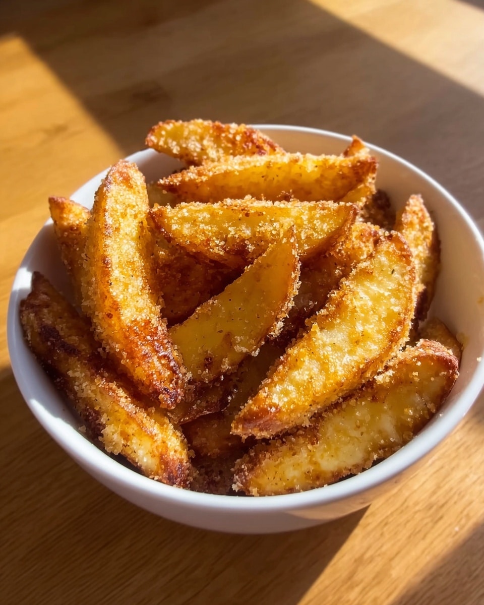 The image shows a white bowl filled with thick, crispy potato wedges that are golden brown with a grainy coating, likely seasoning or crumbs, giving them a crunchy texture. The wedges are arranged layered inside the bowl, each piece showing a slightly rough, crumb-covered surface with some edges more browned than others. The bowl sits on a wooden surface, with natural sunlight casting soft shadows on the potatoes and highlighting their texture. The overall look is warm, inviting, and crisp. photo taken with an iphone --ar 4:5 --v 7
