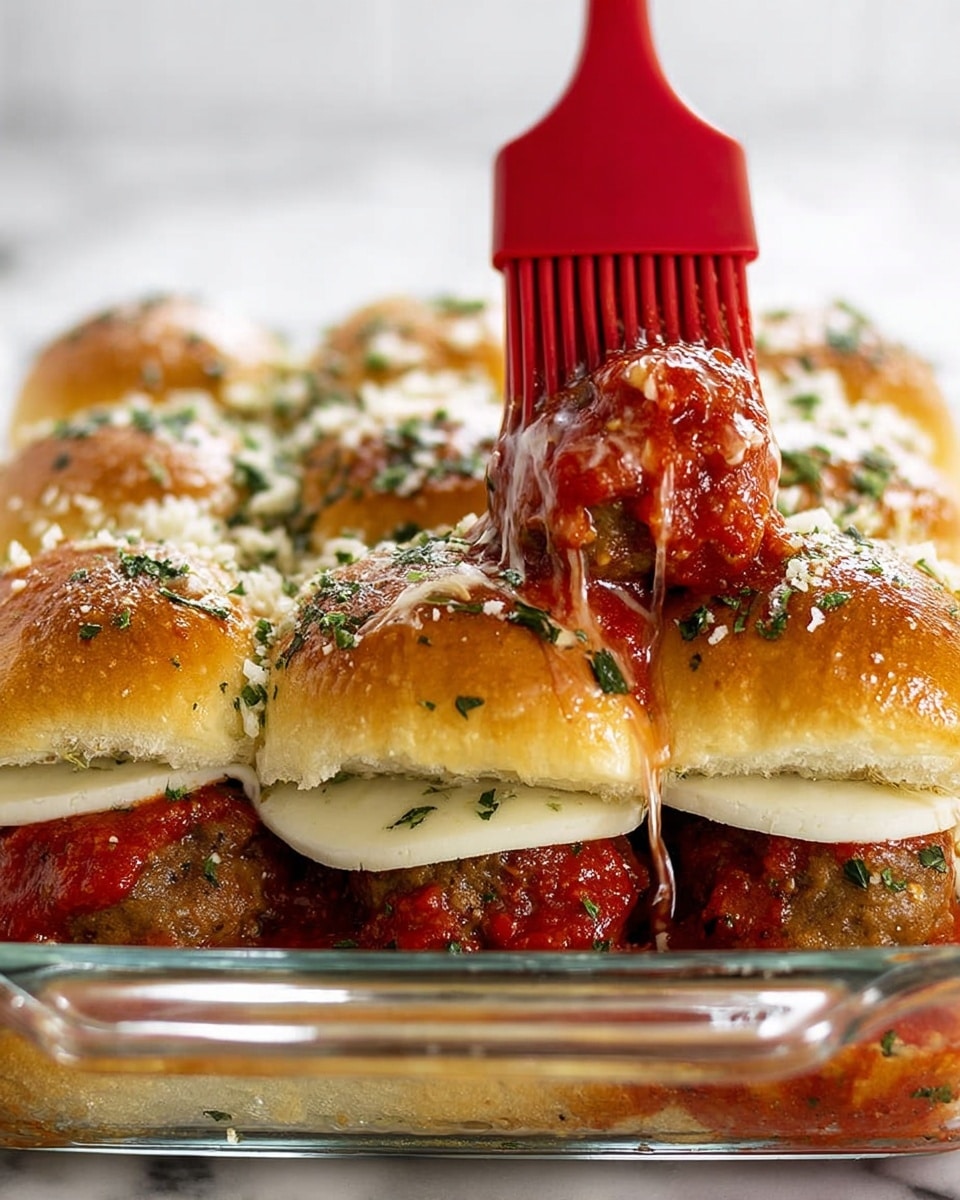 The image shows a close-up of a glass baking dish filled with a layered meatball sandwich casserole. The bottom layer consists of round, browned meatballs covered in bright red marinara sauce with bits of green herbs. On top of the meatballs sit thick, white slices of mozzarella cheese. The top layer is formed by soft, golden-brown dinner rolls that have been brushed with a shiny, herb-speckled garlic butter glaze. A red silicone brush, held by a woman's hand, is applying the garlic butter on the rolls, causing it to drip slightly. The dish is placed on a white marbled surface. Photo taken with an iphone --ar 4:5 --v 7