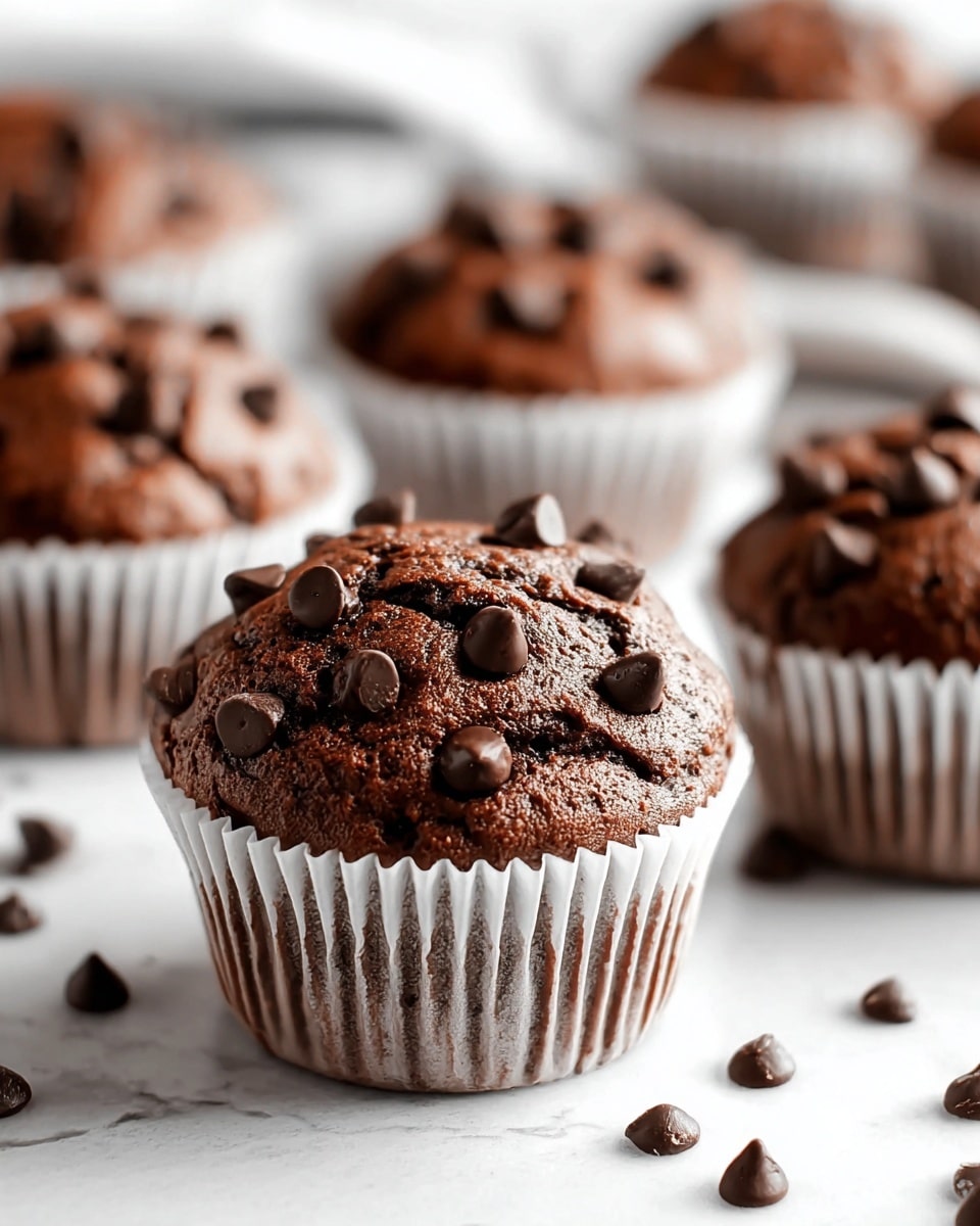 A close-up view of several chocolate muffins on a white marbled surface, each muffin wrapped in a white paper liner. The muffins have a rich brown color and a soft, slightly cracked top generously dotted with shiny, dark chocolate chips, which add texture and contrast. Scattered chocolate chips around the muffins create a casual, inviting look. The background shows more muffins softly blurred, giving a sense of depth. photo taken with an iphone --ar 4:5 --v 7