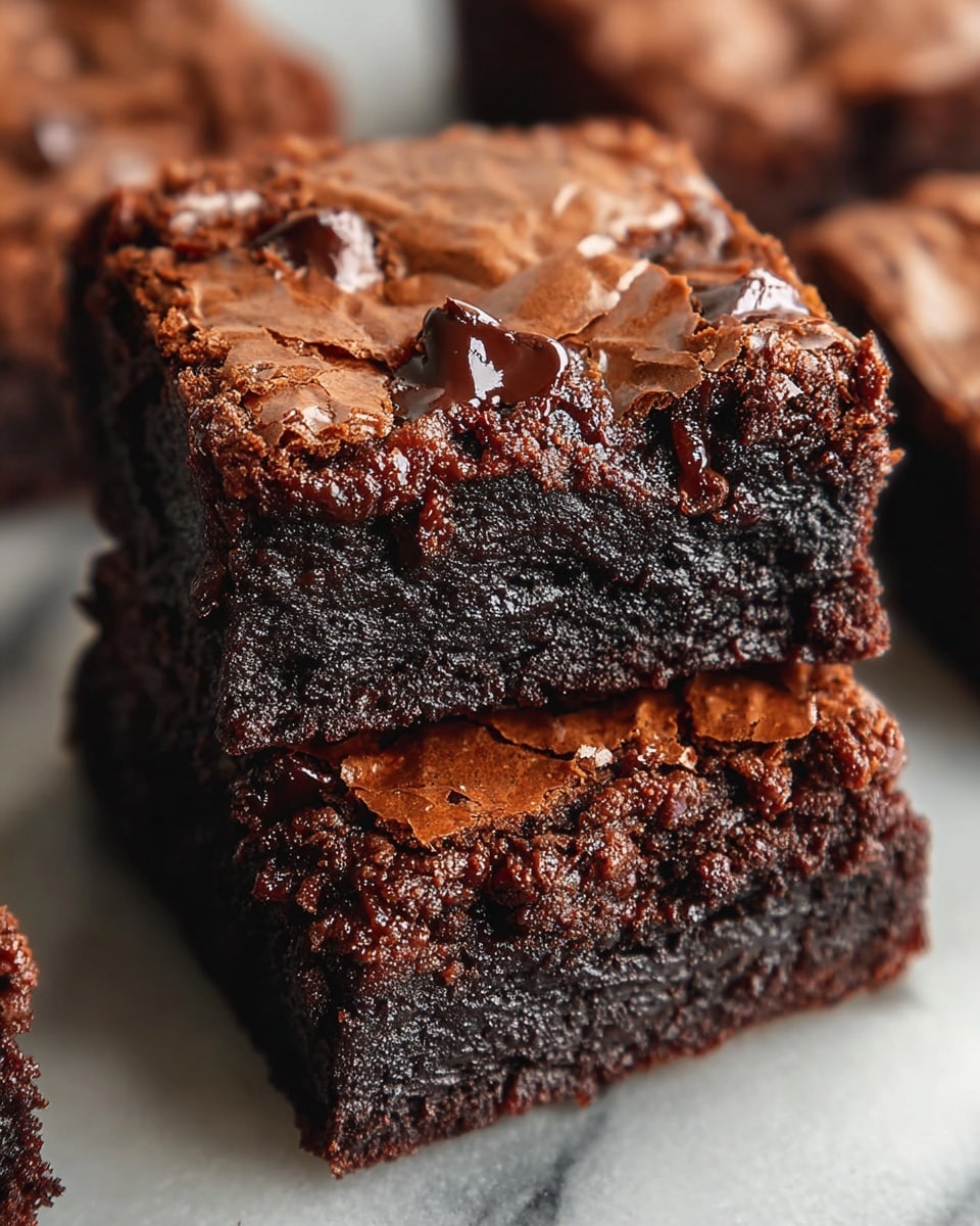 The image shows a close-up of two stacked chocolate brownies with three visible layers: a top cracked shiny crust with a golden brown color and small shiny melted chocolate chunks, a thick middle layer of moist, dark rich chocolate cake with dense texture, and a bottom layer which is part of the cake base blending with the middle. The brownies are placed on a surface with a white marbled texture, with parts of additional brownie pieces blurred in the background. Photo taken with an iphone --ar 4:5 --v 7