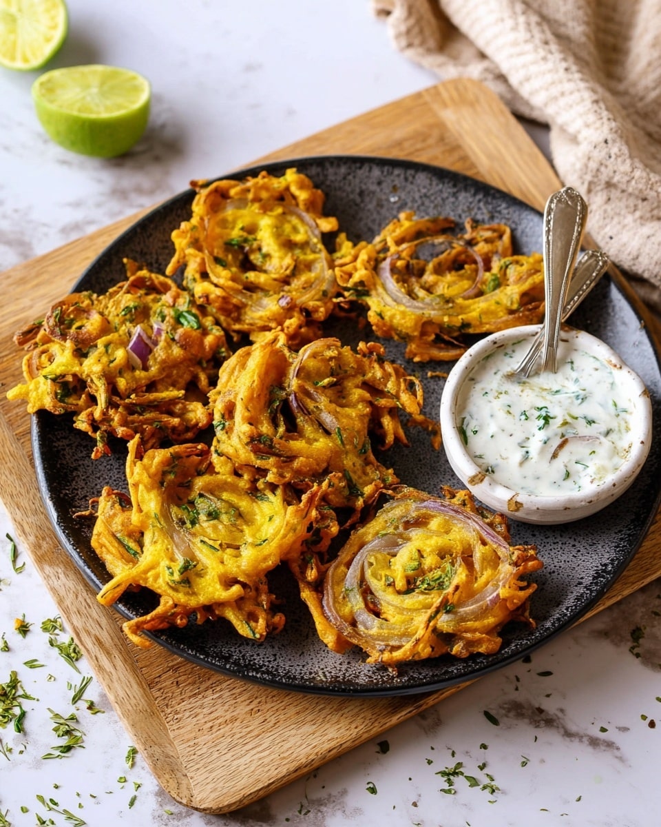 A dark plate holds five golden-brown onion pakoras, each with visible layers of crispy, curly purple onion slices coated in a lightly textured, bright yellow batter, garnished with small green herb pieces. A small white bowl filled with creamy white sauce with green herbs sits on the right side of the plate, with a silver spoon inside it. The plate rests on a light wooden board on a white marbled surface scattered with tiny green herbs. A halved lime and soft beige cloth are seen in the background. Photo taken with an iphone --ar 4:5 --v 7