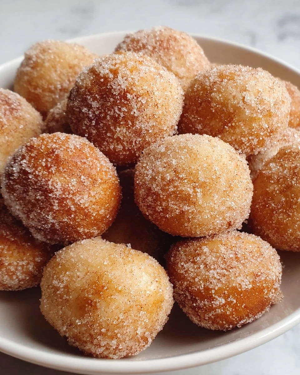 A white bowl filled with many round doughnut holes, each coated evenly with a mix of light brown cinnamon and white sugar, giving them a grainy texture. The doughnut holes are piled on top of each other, showing their golden-brown fried crust underneath the sugar layer. The background features a white marbled surface. photo taken with an iphone --ar 4:5 --v 7
