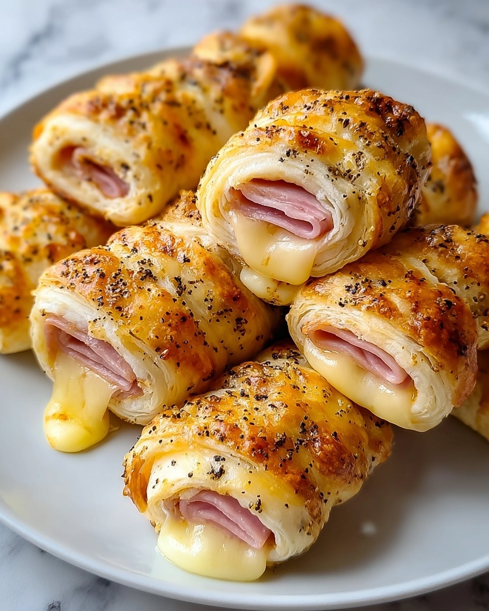 A white plate holds several rolled pastries that have three visible layers: a pink ham layer in the center, surrounded by a soft creamy yellow melted cheese, all wrapped in a golden-brown baked dough that is speckled with black pepper and has a slightly crispy texture. The pastries are arranged close together, showing the cheese melting slightly out of the ends. The background surface is a white marbled texture. photo taken with an iphone --ar 4:5 --v 7