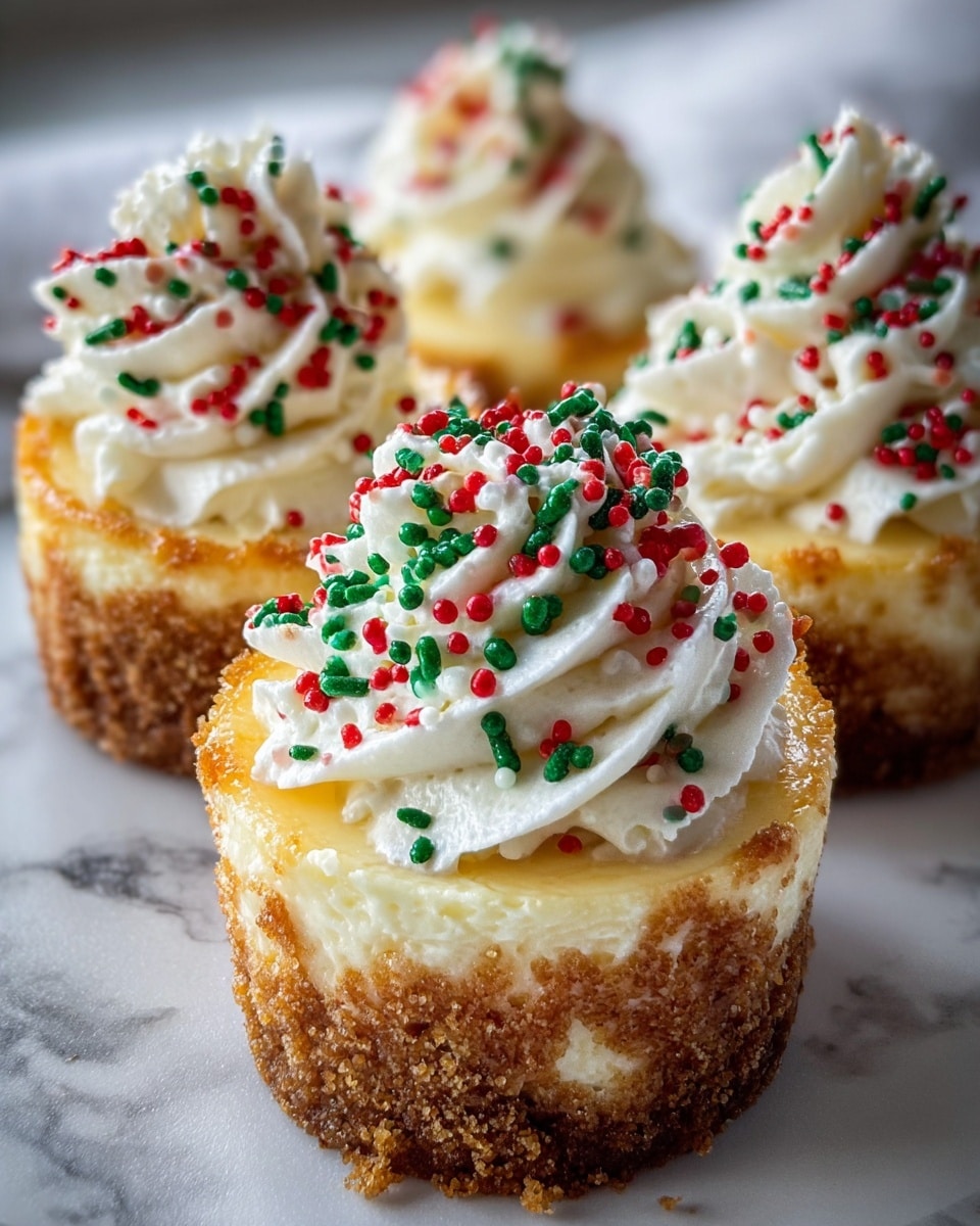 The image shows four mini cheesecakes on a white plate sitting on a white marbled surface. Each cheesecake has two layers: the bottom layer is a thick crumbly light brown crust, and the top layer is smooth, creamy white cheesecake. The tops are decorated with red and green sprinkles and a sprinkling of sugar crystals, creating a festive look. The cheesecakes are close together, with one in the front in clear focus and the others slightly blurred in the background. photo taken with an iphone --ar 4:5 --v 7