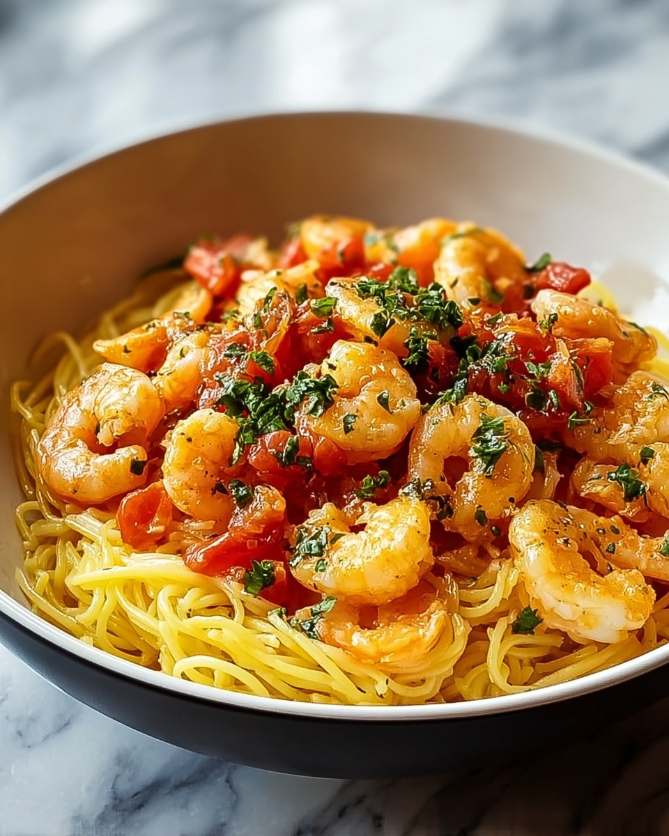 A round white bowl holds a dish with two main layers: a base of yellow spaghetti noodles with a smooth, slightly shiny texture, and a top layer of small cooked shrimp that are a pale orange with light grill marks, mixed with bright red tomato pieces and scattered dark green chopped herbs. The shrimp look juicy and slightly glossy, covering the noodles evenly, with some herbs sprinkled on top, all set against a white marbled surface in soft natural light. photo taken with an iphone --ar 4:5 --v 7
