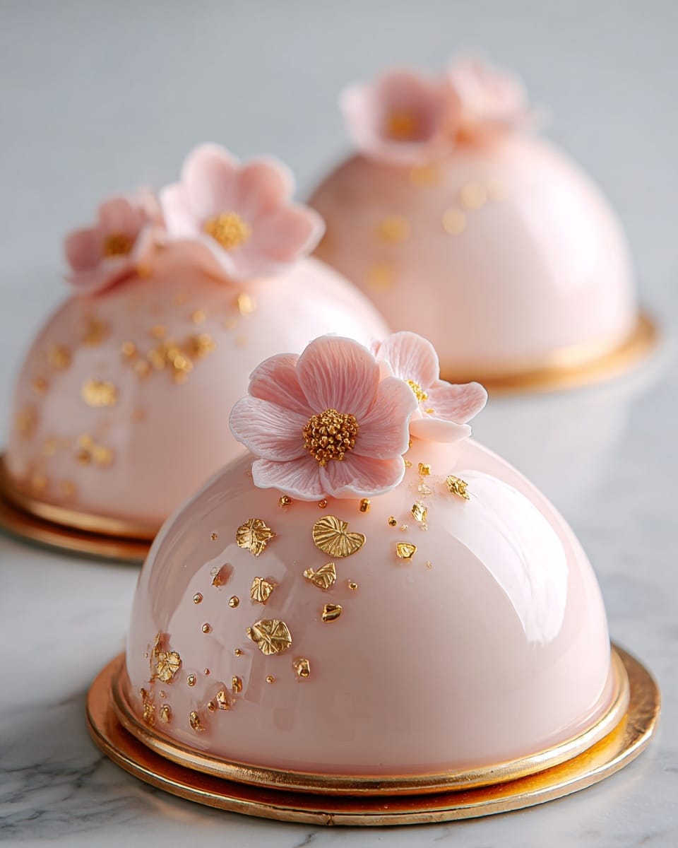 Three shiny, smooth, pale pink dome cakes sit in a row on round white plates with golden edges, placed on a white marbled surface. Each dome has delicate, light pink flower decorations with detailed petals and golden centers arranged on the top, accompanied by small gold leaf pieces and tiny gold dots scattered around. The domes are perfectly round with a soft reflection of light on their surfaces, and the golden edges of the plates add a touch of elegance. The focus is on the front dome, with the two others softly blurred in the background, showing the neat and artistic presentation of the desserts. photo taken with an iphone --ar 4:5 --v 7