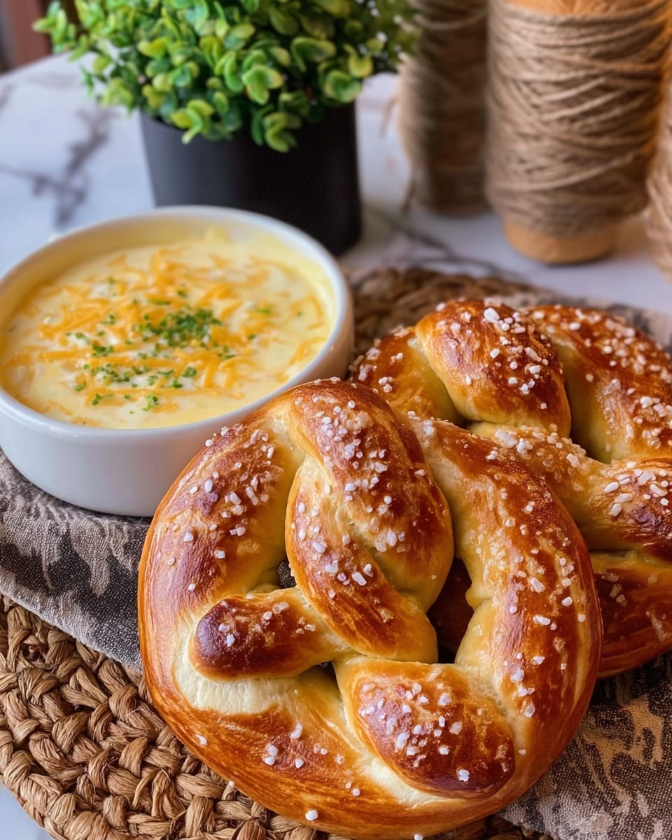 A close-up image shows two golden-brown soft pretzels with a glossy surface, sprinkled with coarse salt. The pretzels have a twisted shape and are placed on a woven mat. To the left of the pretzels, there is a white bowl filled with creamy yellow cheese dip, topped with shredded cheese and small green herb pieces. In the background, a roll of brown twine and a small green plant in a black pot rest on a white marbled surface. Photo taken with an iphone --ar 4:5 --v 7