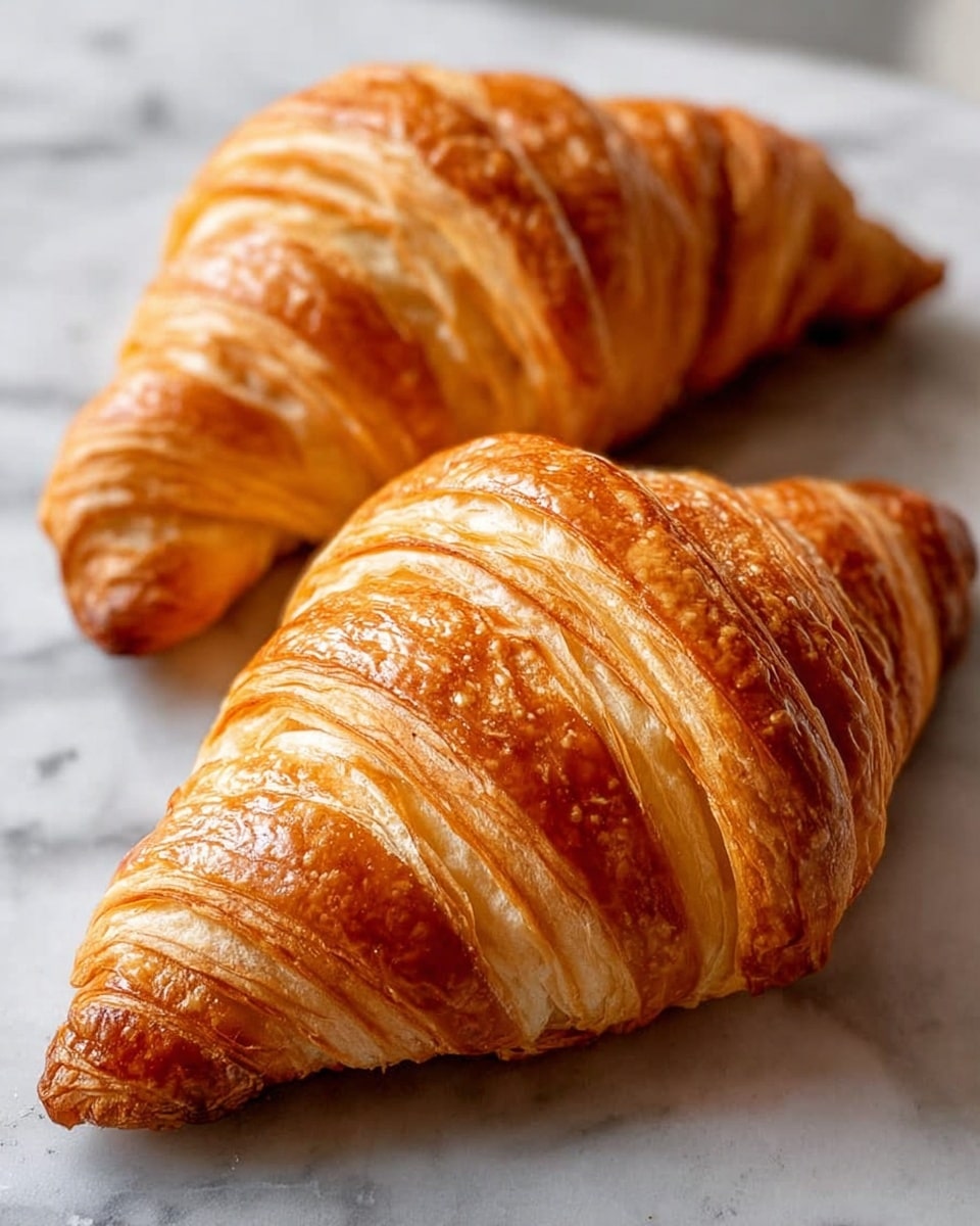 Two croissants lie on a white marbled surface. Each croissant has many thin layers, showing a light golden brown color on the outside with a slightly darker crust along the folds and edges. The croissants have a glossy shine on top, highlighting their flaky and crispy texture. The one in front is larger and rounder, while the one behind is slightly smaller and more pointed at the ends. Photo taken with an iphone --ar 4:5 --v 7