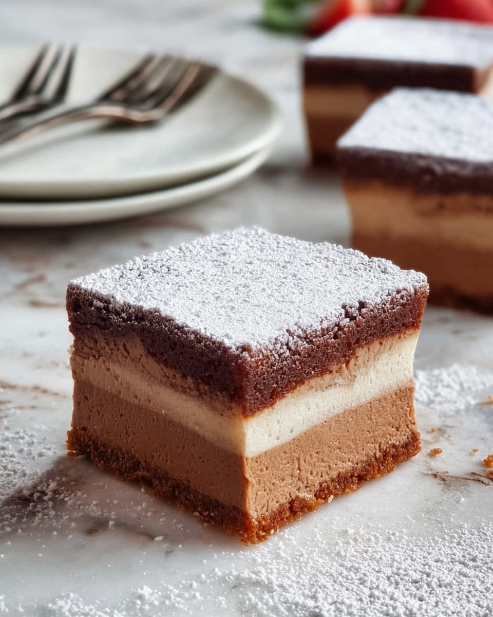 A square piece of dessert is shown with three layers. The bottom layer is a smooth, light brown, dense base. The middle layer is slightly darker brown and creamy. The top layer is a darker, airy cake with a soft texture, dusted thickly with white powdered sugar. The dessert rests on a white marbled surface with some powdered sugar scattered around. In the background, two more pieces of the dessert are partially visible, along with white plates and three forks. photo taken with an iphone --ar 4:5 --v 7