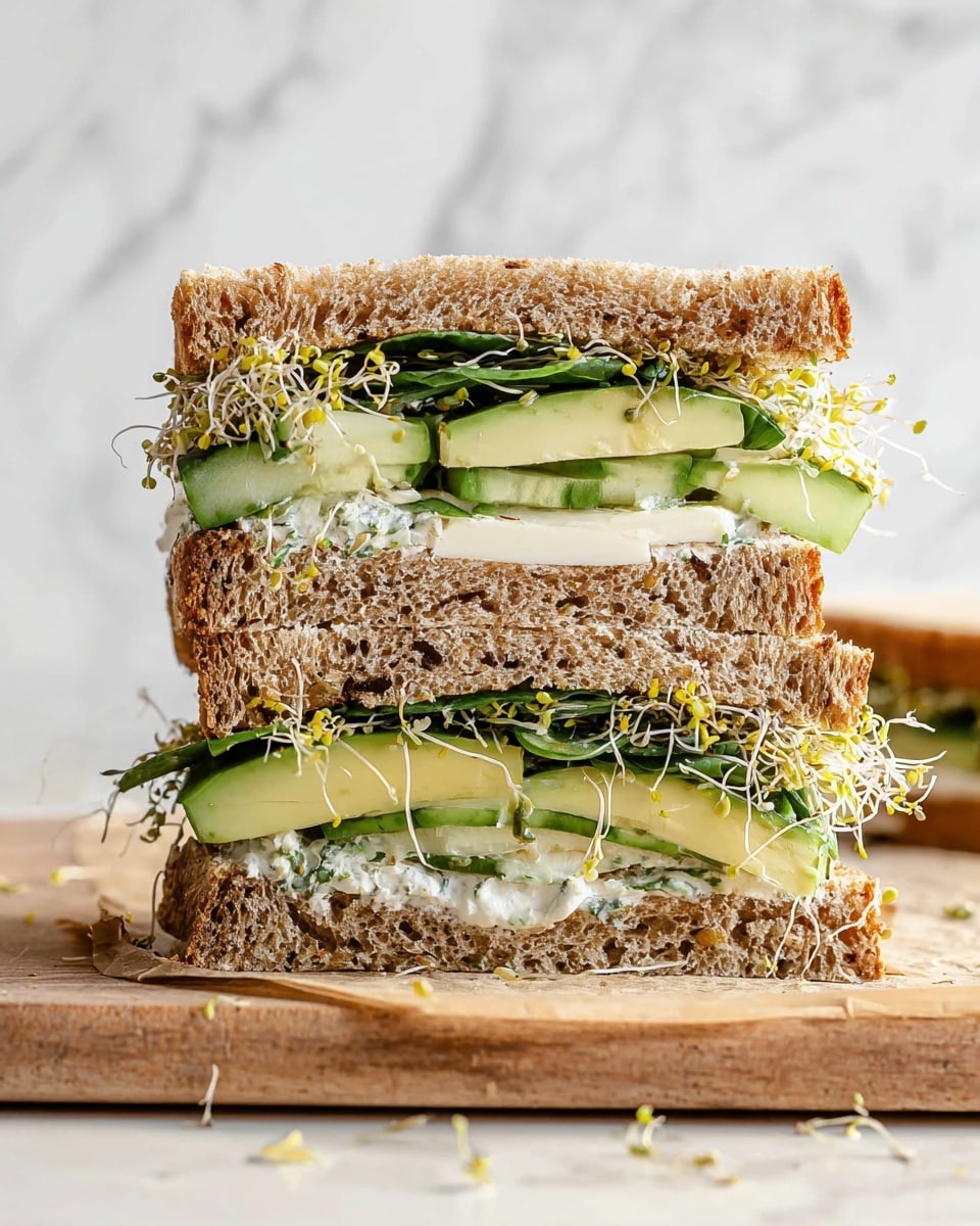 A sandwich cut in half and stacked, showing three layers of soft brown whole grain bread with a slightly rough texture. Between the bread layers, there are visible thick slices of white cheese with a smooth surface, light green cucumber slices that add a fresh feeling, thin slices of pale yellow avocado, and a generous amount of green leafy herbs mixed with white creamy spread. On top and around the fillings, there are delicate white and yellow sprouts adding texture and freshness. The sandwich is placed on a wooden board with a white marbled background, giving a clean and fresh look. Photo taken with an iphone --ar 4:5 --v 7