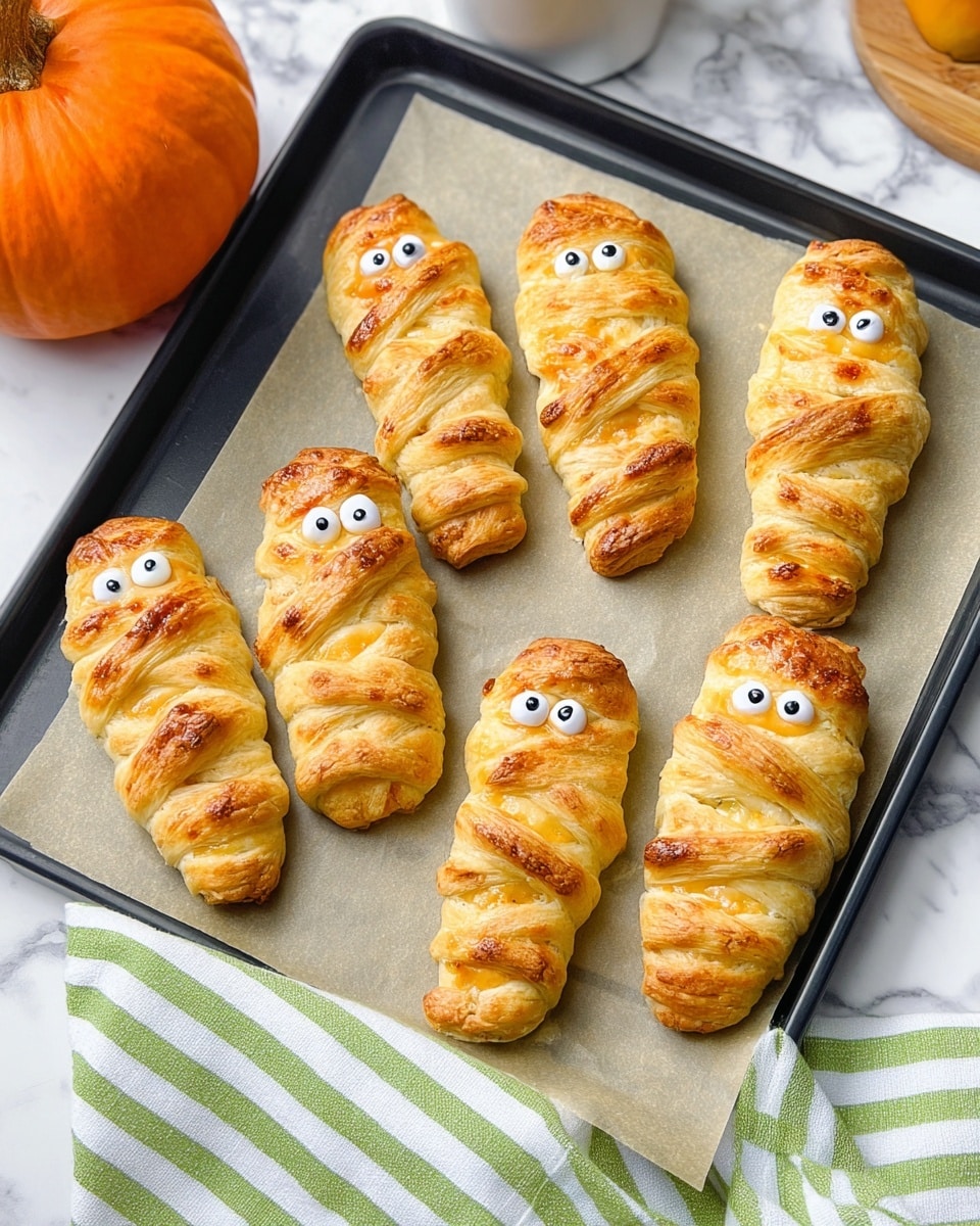 Seven golden-brown baked pastries shaped like mummies lie on a sheet of parchment paper over a black square tray. Each mummy has a base layer of soft dough filled with melted cheese that oozes slightly at the edges. Over this, thin strips of dough are wrapped irregularly around each pastry, creating a textured bandage effect with a lightly crispy, golden finish. At the top of each pastry, two small white edible eyes with black pupils are placed, giving them a playful, spooky character. The tray is set on a white marbled surface with a green and white striped cloth nearby, and an orange pumpkin is visible in the background, enhancing the autumn vibe. photo taken with an iphone --ar 4:5 --v 7