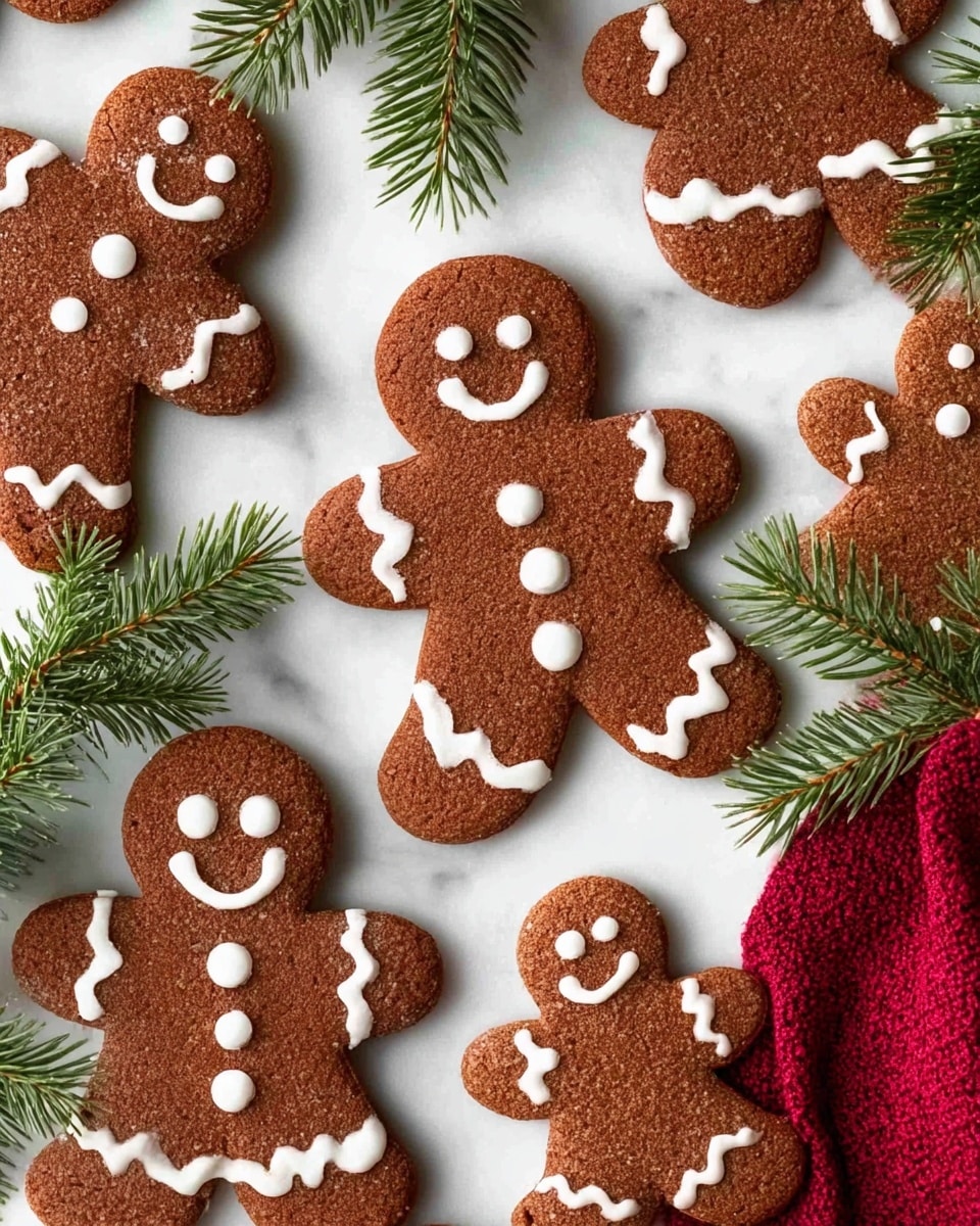 The image shows several gingerbread cookies in fun shapes, mostly gingerbread men, decorated with white icing that forms smiling faces, buttons, and zigzag edges on the arms and legs. The cookies have a warm brown color with a slightly rough texture, spread out on a white marbled surface. Pine tree branches with green needles are arranged around the cookies, and a piece of red cloth is partially visible under some of the cookies at the bottom right. The gingerbread men vary slightly in size, giving a playful feel to the scene. photo taken with an iphone --ar 4:5 --v 7