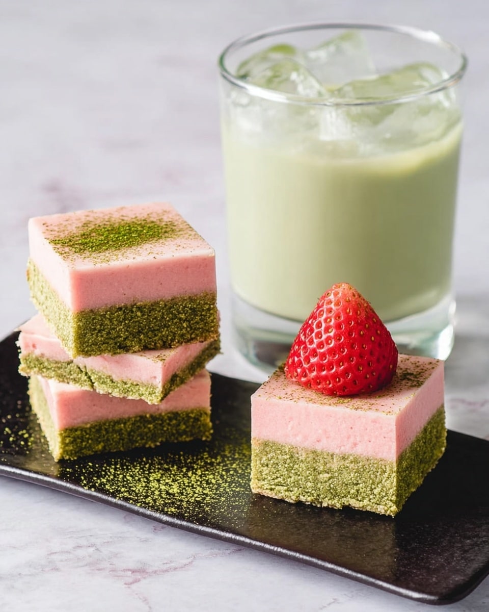 The image shows four layered dessert squares placed on a black rectangular plate and a white marbled surface, each square having two layers: a green bottom layer with a rough texture and a smooth pastel pink top layer. One square is separated in front of the plate, topped with a halved bright red strawberry and sprinkled with green powder. To the right, there is a clear glass filled with a pale green creamy drink over ice cubes, sitting on the same white marbled surface. The background is soft white, making the colors of the food and drink stand out. photo taken with an iphone --ar 4:5 --v 7