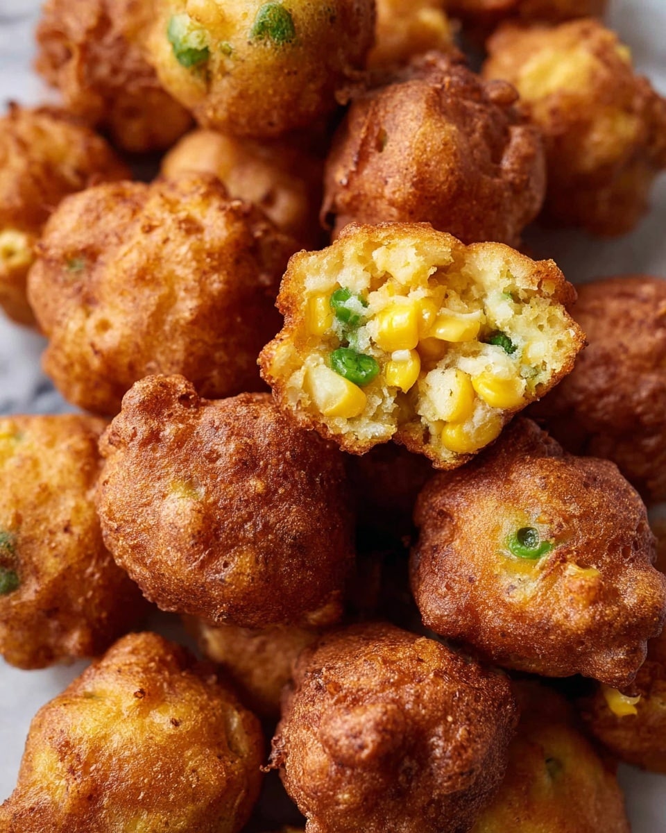The image shows a pile of golden brown fritters with a rough, crispy texture, each roughly the size of a small ball. One fritter is broken open and placed on top, revealing a soft, fluffy inside filled with small bits of bright yellow corn and green pieces that look like chopped peppers. The fritters are closely packed together against a white marbled texture background. photo taken with an iphone --ar 4:5 --v 7