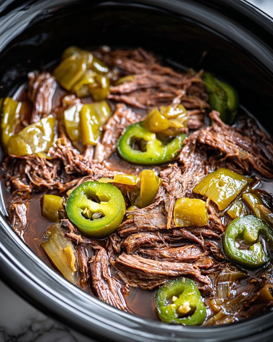 The image shows a slow cooker filled with shredded brown meat layered with chunks of translucent cooked onions, all submerged in a dark brown sauce. On top of the meat and onions, there are several whole and sliced bright green peppers, some glistening with oil. The edges of the slow cooker are black and shiny, and the close-up shot focuses on the juicy, tender texture of the meat and glossy peppers. The background is a white marbled texture. photo taken with an iphone --ar 4:5 --v 7