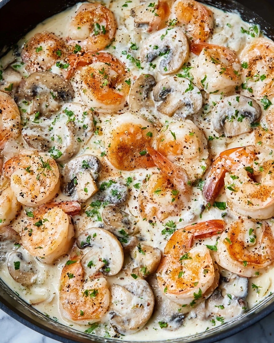 This close-up image shows a creamy dish filled with cooked shrimp and sliced mushrooms. The shrimp are pinkish with orange tails, some lightly browned, resting evenly among thick slices of white and gray mushrooms covered in a thick white cream sauce. The surface is sprinkled with small bright green herbs and black pepper bits, adding color and texture. The dish is in a black pan resting on a white marbled surface. photo taken with an iphone --ar 4:5 --v 7