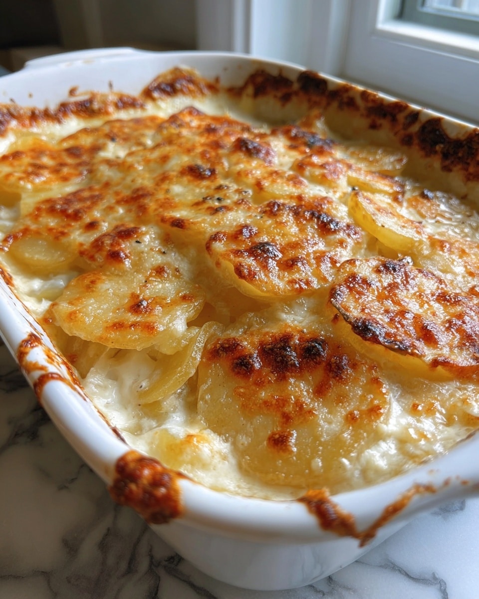 A baked dish with two visible layers of thinly sliced potatoes covered in creamy white sauce, topped with a golden brown, bubbly, and slightly crispy cheese crust that is uneven and browned in spots; the dish is in a white ceramic baking dish with a white marbled surface background and light coming from a window nearby. photo taken with an iphone --ar 4:5 --v 7