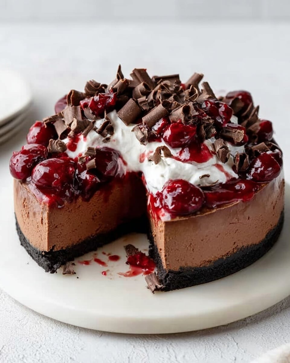 A rich chocolate cheesecake sits on a white marble surface, showing one large slice missing to reveal its smooth, dark brown filling with a thick, dense texture. The base is made of a dark, crumbly crust, almost black in color, contrasting with the creamy chocolate layer above. On top, a glossy red cherry sauce spreads unevenly around the edges, containing chunks of whole cherries and a syrupy look. Above the cherry sauce, a generous layer of fluffy white whipped cream is piled in the center, covered with many curls of dark chocolate shavings scattered generously over the whipped cream. The whole dessert sits on a simple, round white plate. Photo taken with an iphone --ar 4:5 --v 7