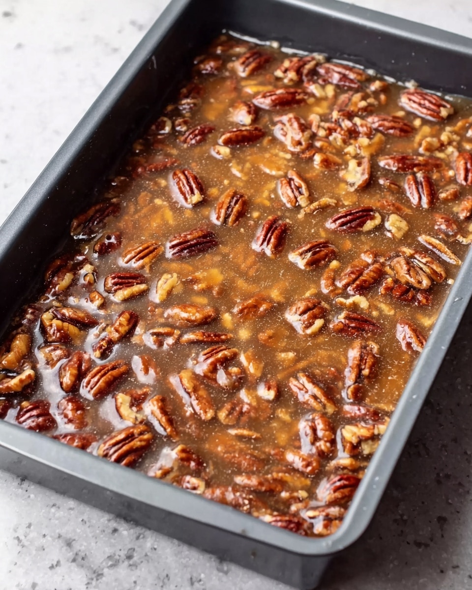 The image shows a dark gray rectangular baking pan filled with one thick layer of glossy, golden-brown syrup mixed with many whole and split pecans spread evenly across the surface. The syrup looks sticky and shiny, covering the nuts almost completely. The pan is placed on a white marbled texture surface. Photo taken with an iphone --ar 4:5 --v 7