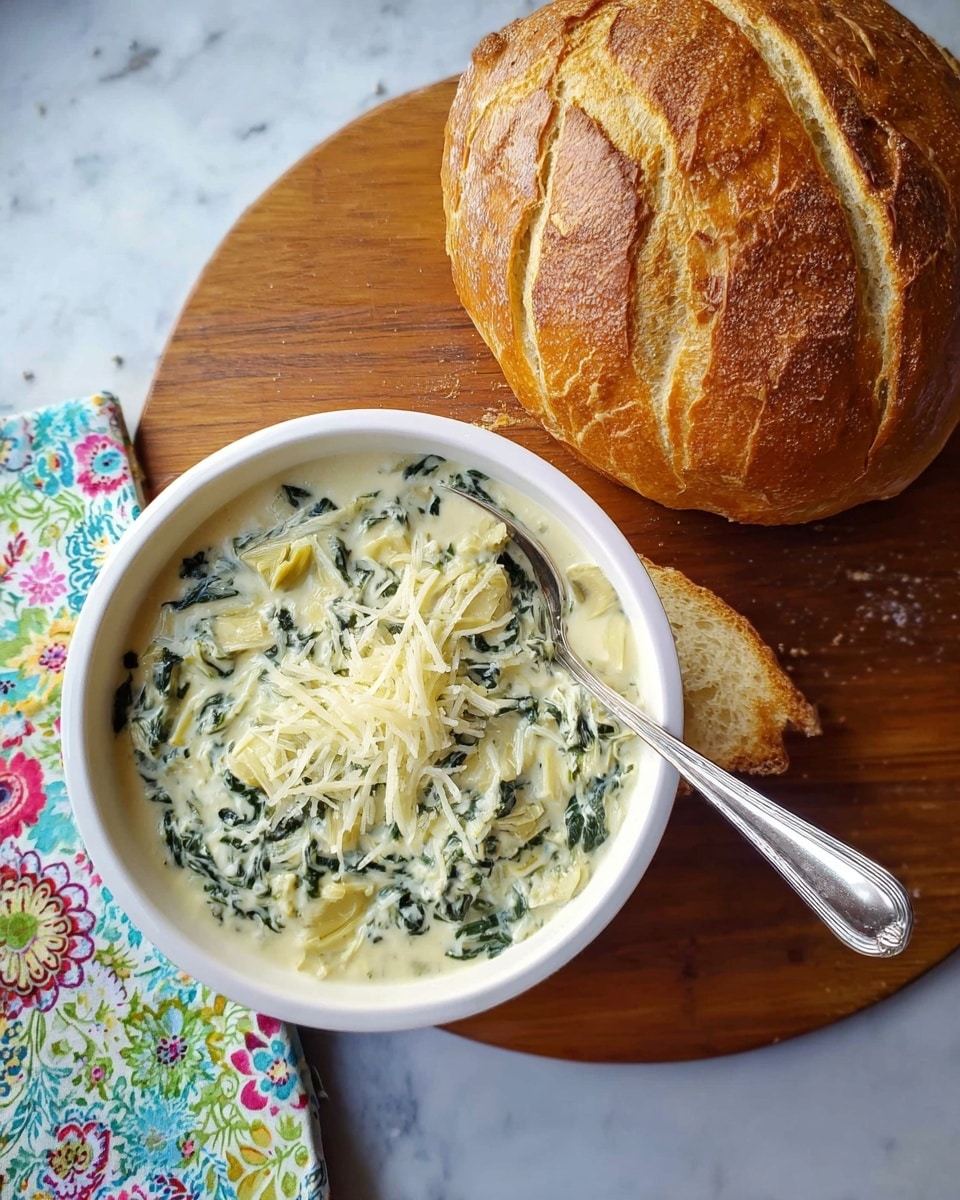 A white bowl filled with creamy spinach artichoke dip topped with a layer of finely shaved pale yellow cheese, showing green spinach pieces and artichoke chunks within the light beige creamy base; a spoon with a shiny silver handle rests inside the bowl on the right side. To the left of the bowl is a whole round loaf of golden brown bread with a glossy crust and several diagonal score marks. Both are placed on a round wooden board over a white marbled surface, with the edge of a colorful floral napkin visible on the left side. Photo taken with an iphone --ar 4:5 --v 7