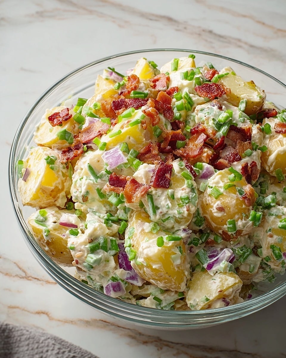 The image shows a clear glass bowl filled with creamy potato salad, placed on a white marbled surface. The salad has three main layers of colors and textures: the yellow potato pieces coated in white creamy dressing, scattered crispy reddish-brown bacon bits, and small chunks of purple-red onion mixed with green chopped spring onions evenly spread throughout. The potato pieces are roughly cubed and appear soft, while the fresh green onions give a slight contrast with brightness. The salad looks fresh and rich, with the various ingredients well-mixed but still visible as separate elements. Photo taken with an iphone --ar 4:5 --v 7