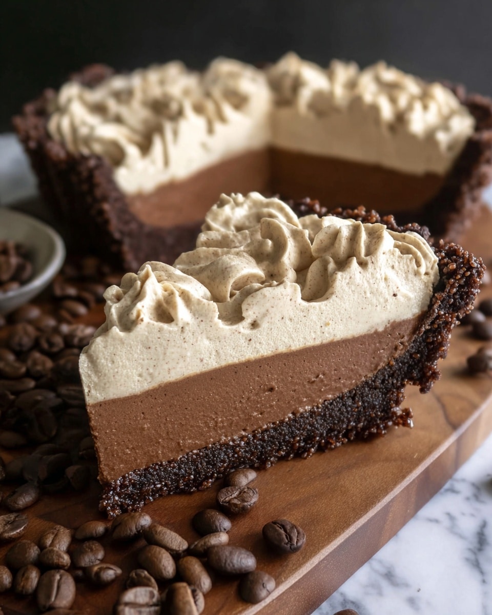 The image shows a slice of chocolate pie with two visible layers on a wooden board surrounded by coffee beans. The bottom layer is a thick, smooth dark brown chocolate filling, topped with a thick layer of light brown coffee-flavored whipped cream, which has a soft, swirled texture. The pie crust is dark brown, crumbly, and coated with sugar crystals, forming a thick border around the pie. In the background, the rest of the pie is visible with the same two layers and crust, slightly out of focus, on a white marbled surface. Photo taken with an iphone --ar 4:5 --v 7