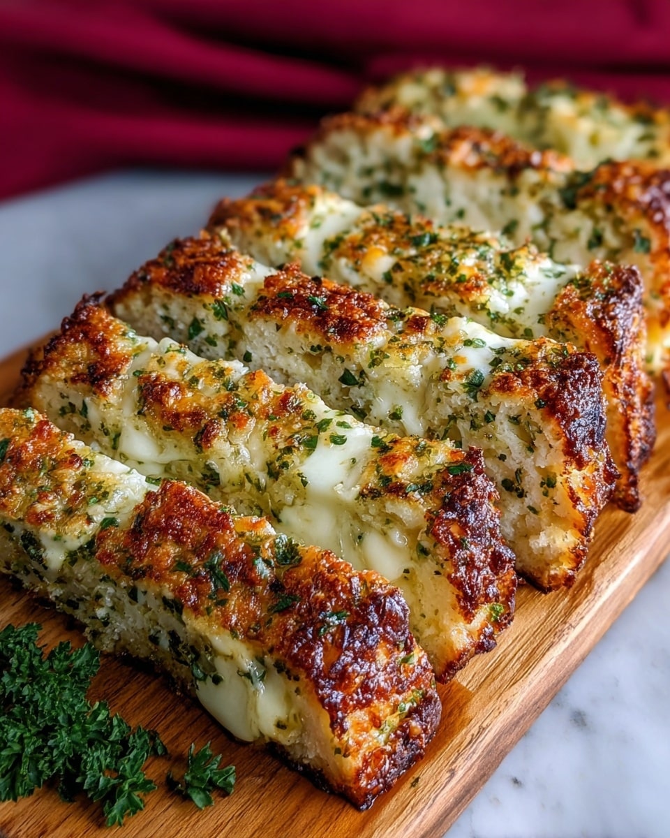 A round loaf of bread is sliced into thick pieces, with each slice showing layers of melted white cheese and finely chopped green herbs. The bread's crust is golden brown and crispy, with some parts darker and toasted. The inside is soft and filled with melted cheese, oozing slightly between the slices. Fresh green herbs are sprinkled on top and around the bread on a white plate, which rests on a white marbled surface. photo taken with an iphone --ar 4:5 --v 7