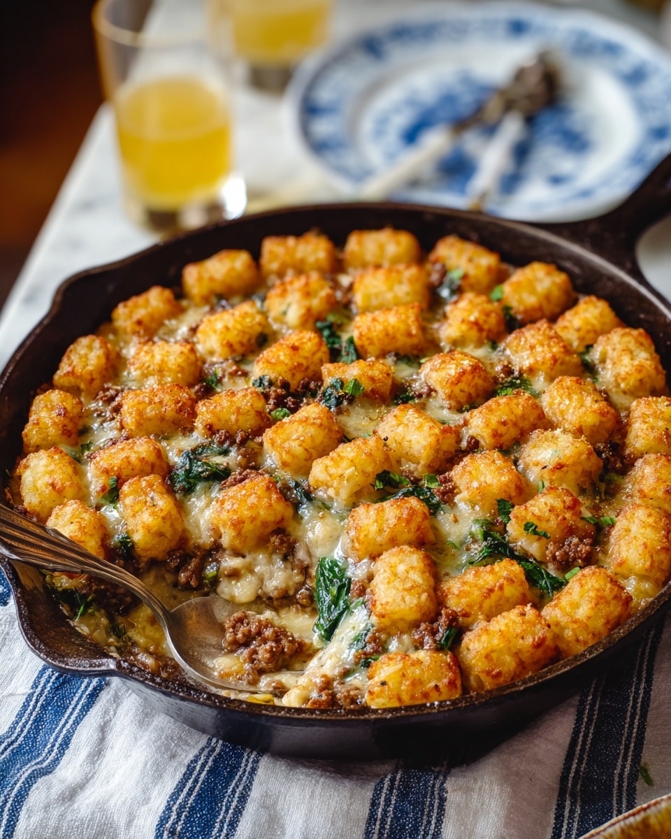 The image shows a cast iron skillet filled with a baked dish topped with a single layer of golden brown, crispy tater tots evenly spread across the top. Below the tater tots is a creamy, cheesy layer mixed with browned ground meat and wilted dark green spinach scattered throughout. The melted cheese holds the layers together with a slightly bubbly, browned texture on the surface. A silver spoon rests inside the skillet, partly submerged in the creamy sauce beneath the tater tots. The skillet sits on a cloth with blue and white stripes, placed on a white marbled textured surface. In the blurred background, there is a glass with a yellow drink and a white plate with blue patterns. photo taken with an iphone --ar 4:5 --v 7