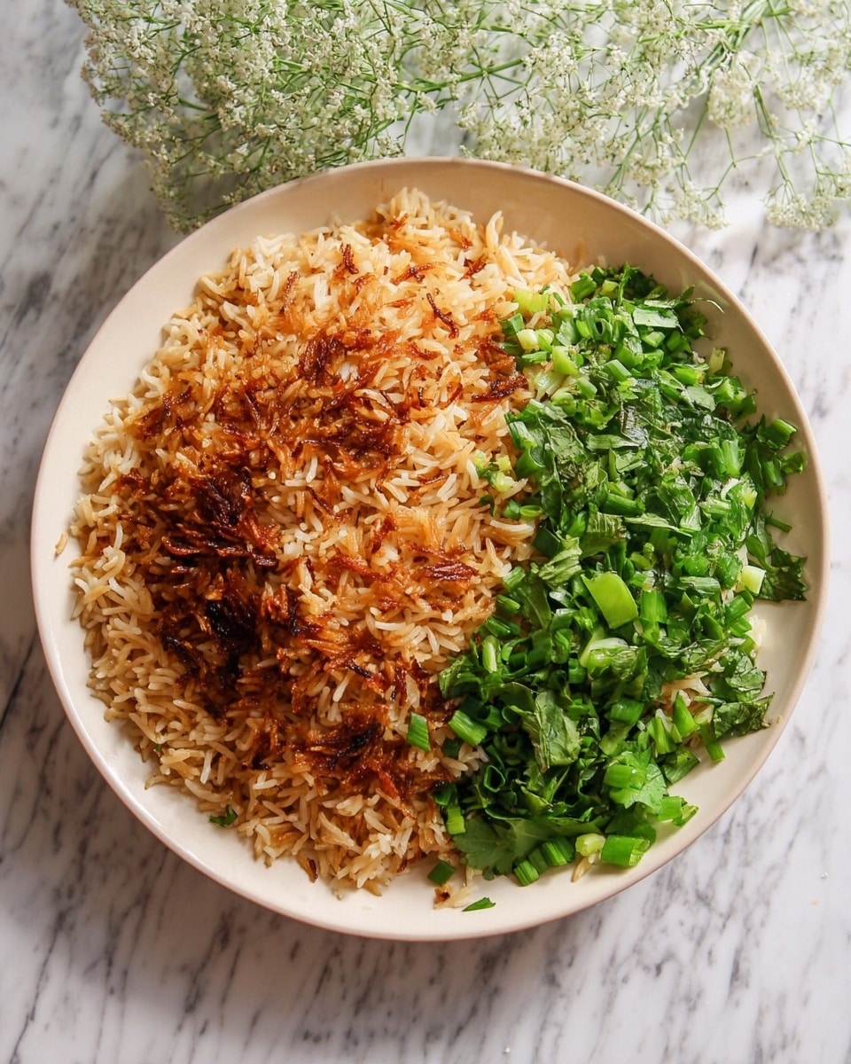 A round white plate holds a dish with two main parts: on the left, there is a large serving of cooked rice that is golden brown with crispy darker bits, giving it a crunchy texture. On the right side of the plate, fresh green herbs and chopped green onions create a bright layer of green color, adding freshness. The ingredients are arranged side by side, making a simple but colorful contrast between the warm rice and fresh greens. The plate sits on a white marbled surface, with a small bunch of delicate white flowers in the background. Photo taken with an iphone --ar 4:5 --v 7