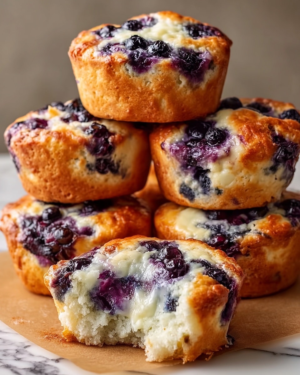 The image shows a close-up of six blueberry muffins stacked in a pile on a light brown paper on a white marbled surface. Each muffin has a golden-brown top with slightly crispy spots and creamy white sides that look soft and fluffy, dotted with whole blueberries. The tops are uneven with some berries baked deep into the muffin and some sitting on top with juicy, shiny dark purple-blue skins. One muffin in the front has a bite taken out, showing a moist white inside with more blueberries scattered throughout. The muffins have a round, thick shape with a rough and bumpy texture all over. photo taken with an iphone --ar 4:5 --v 7