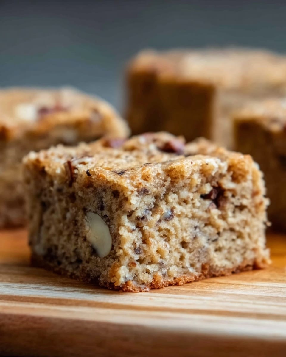 A close-up view of a square piece of nutty cake with a dense texture, showing visible small chunks of nuts baked inside. The cake has a light brown color with darker brown nut pieces scattered throughout, and it rests on a light wood surface. In the background, blurred pieces of the same cake can be seen stacked. photo taken with an iphone --ar 4:5 --v 7
