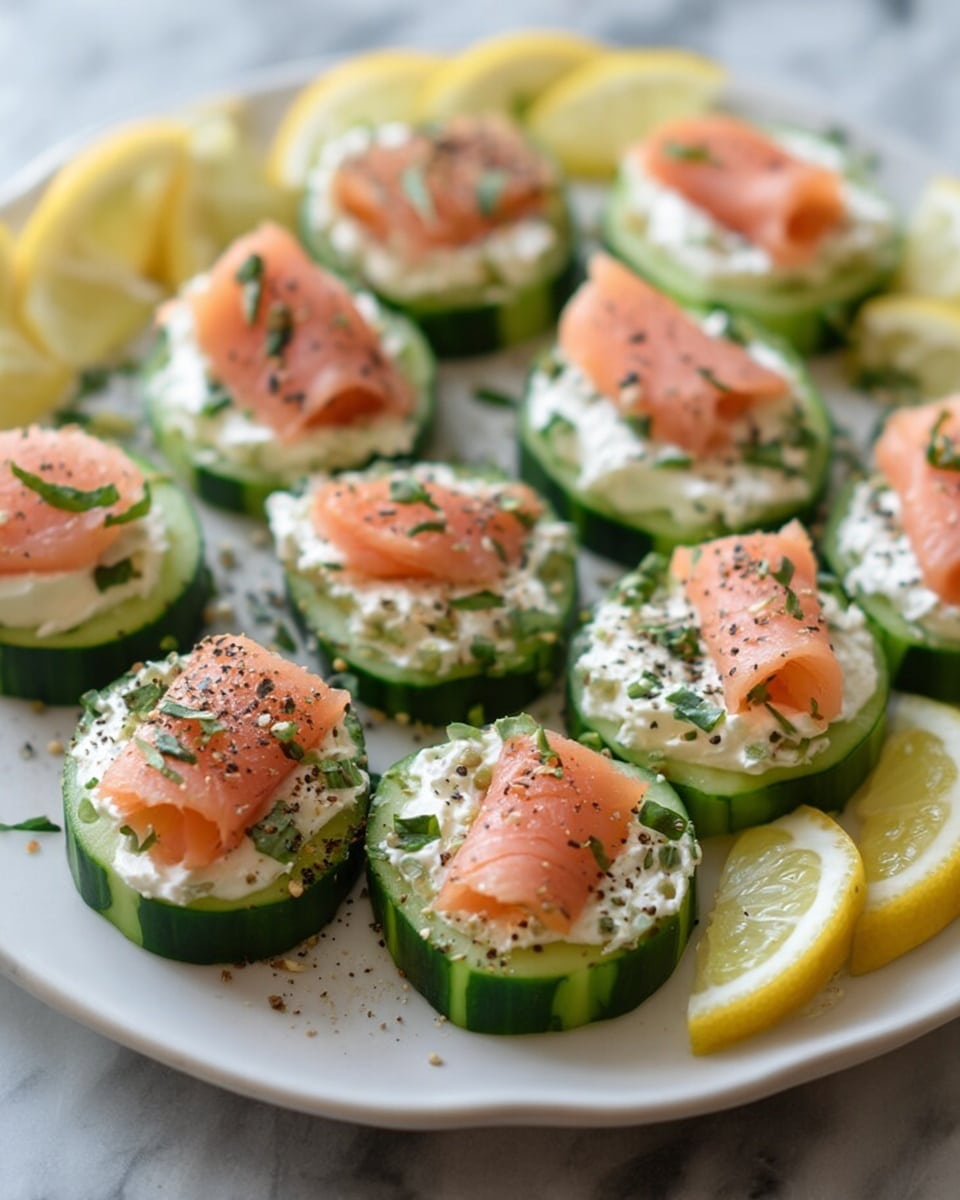 The image shows a white plate filled with small cucumber rounds, each topped with a creamy white layer of cheese spread, sprinkled with black pepper and chopped green herbs. On top of the cheese, there is a folded slice of light pink smoked salmon. Around the plate, there are a few lemon wedges adding a touch of yellow. The whole scene is set on a white marbled texture. photo taken with an iphone --ar 4:5 --v 7