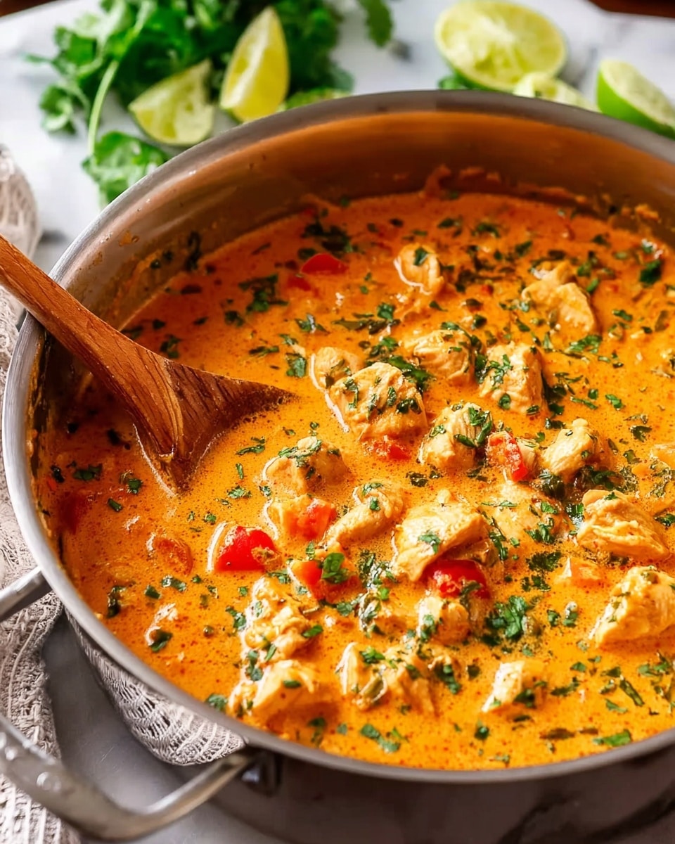 A close-up of a silver pot filled with a creamy orange sauce with tender chunks of chicken and small pieces of red and orange vegetables. The sauce has a smooth texture with visible green chopped herbs sprinkled all over. A wooden spoon is partly submerged in the sauce near the left side of the pot. The pot is set on a white marbled surface with a sliced lime and some green herbs in the background. photo taken with an iphone --ar 4:5 --v 7